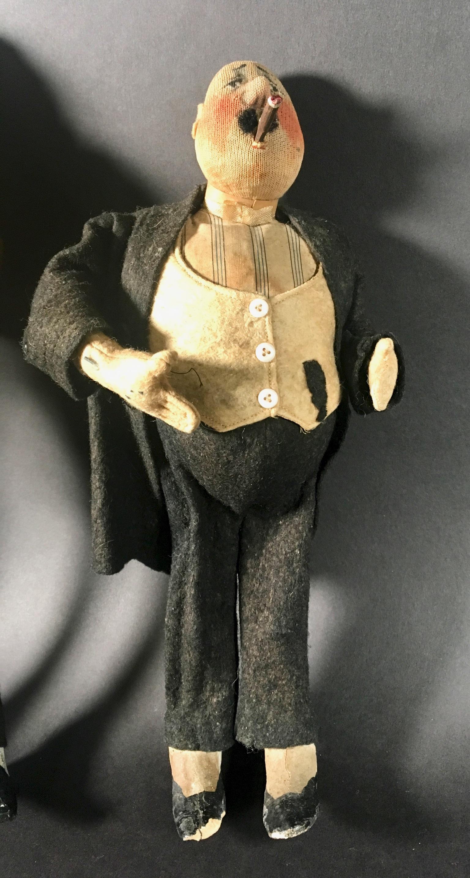 American Folk Art Felted Wool and Wire Male Character Dolls, Collection of Three For Sale
