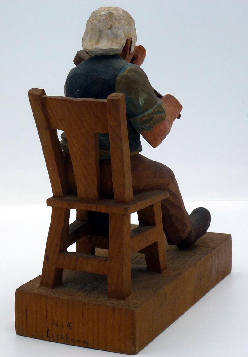 Hand-Carved Folk Art fiddle player with long mustache, playing violin, by Jack Eichbaum.