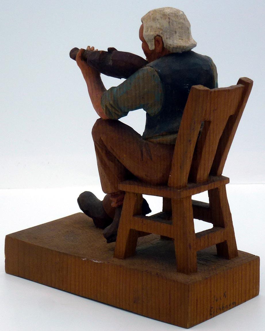 Wood Folk Art fiddle player with long mustache, playing violin, by Jack Eichbaum.