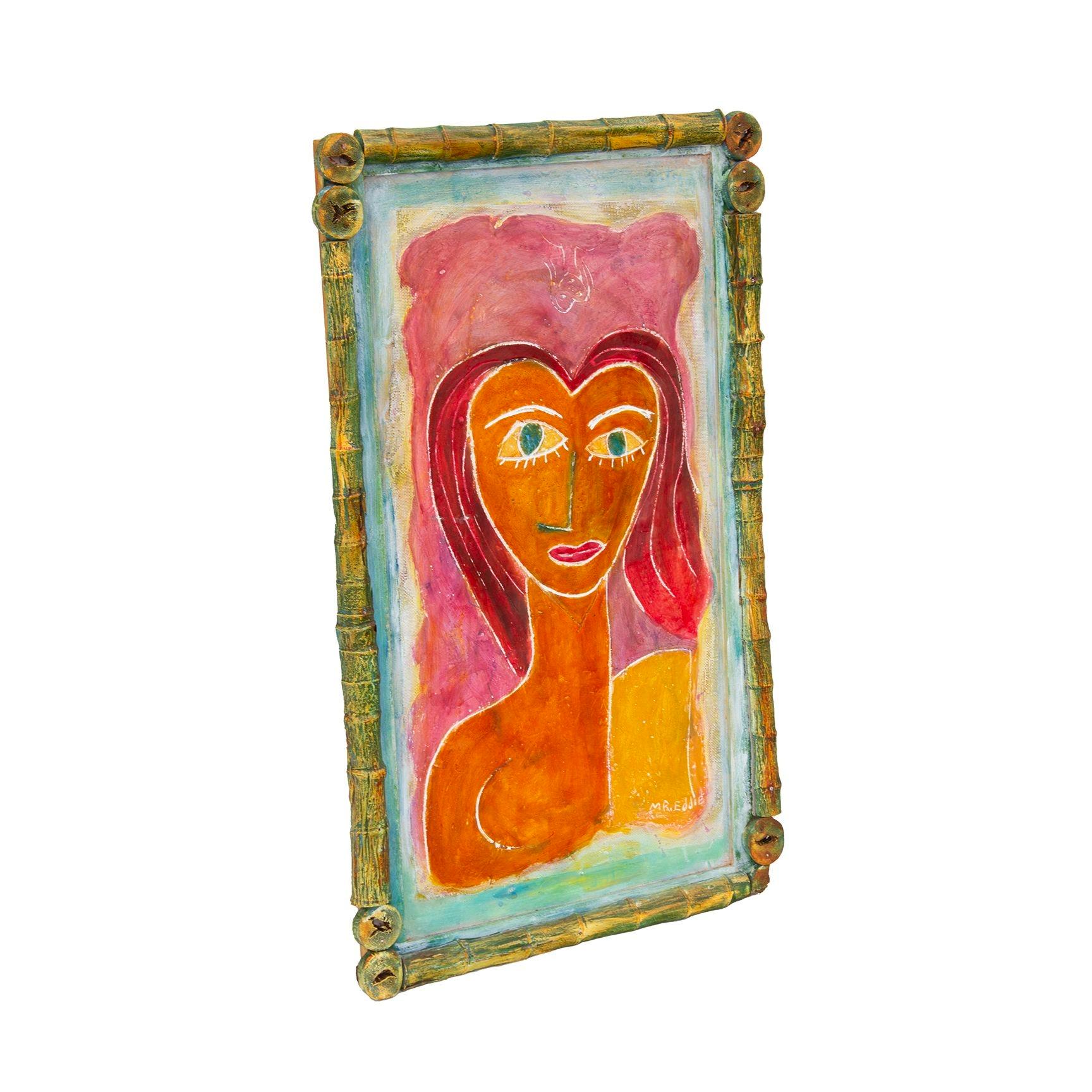 American, 1947
Colorful portrait in a mix of folk-pop art by American artist Edwin Weaver Jr, or 'Mr. Eddie', framed in cut bamboo. Bright color and texture define this framed fresco. 
Signed on the reverse:
Folk art fresco
Edwin H. Weaver Jr. 
Mr.
