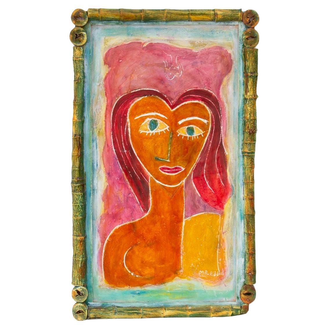 Folk Art Figure by Mr. Eddie with Bamboo Frame For Sale