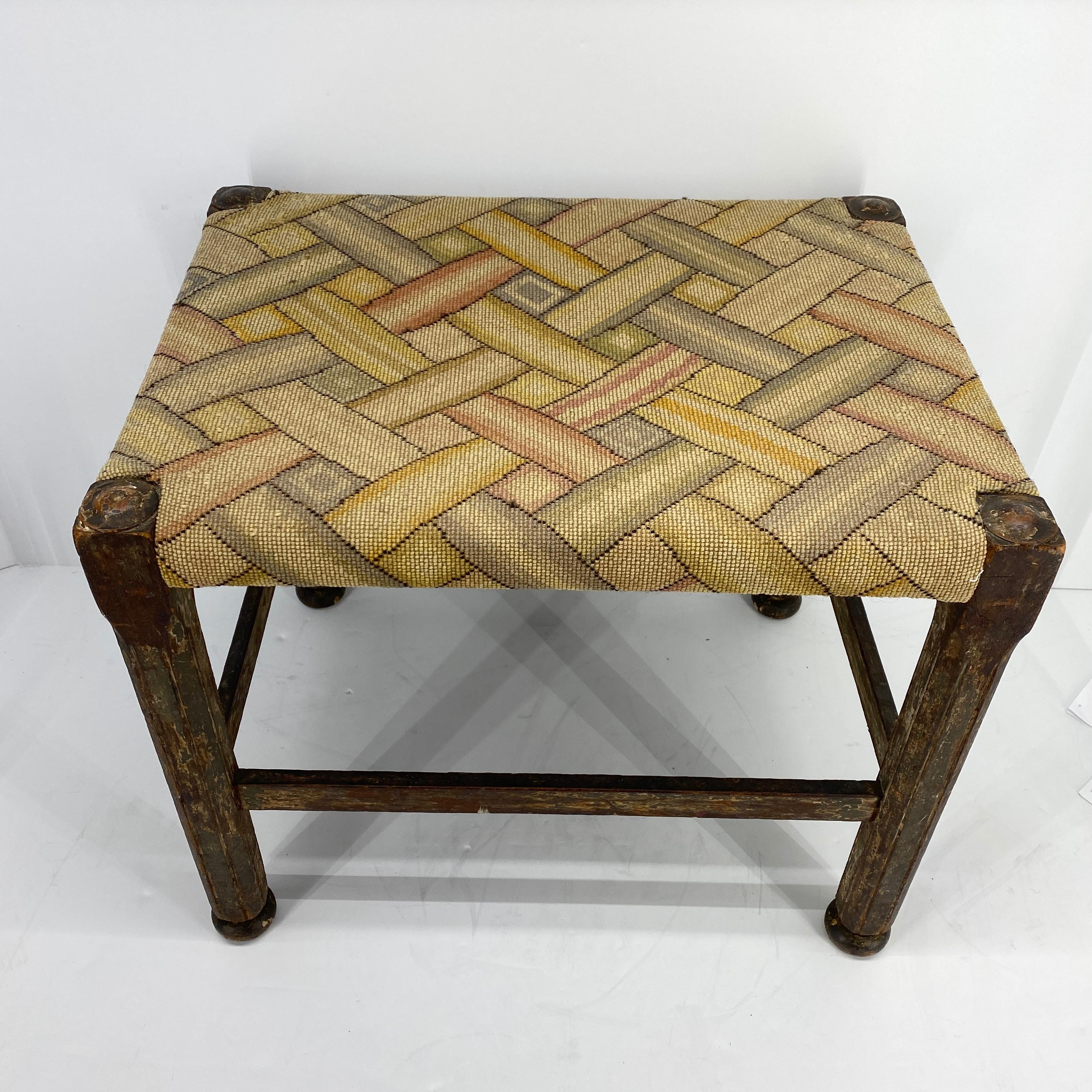 American Folk Art Footstool with Woven Seat