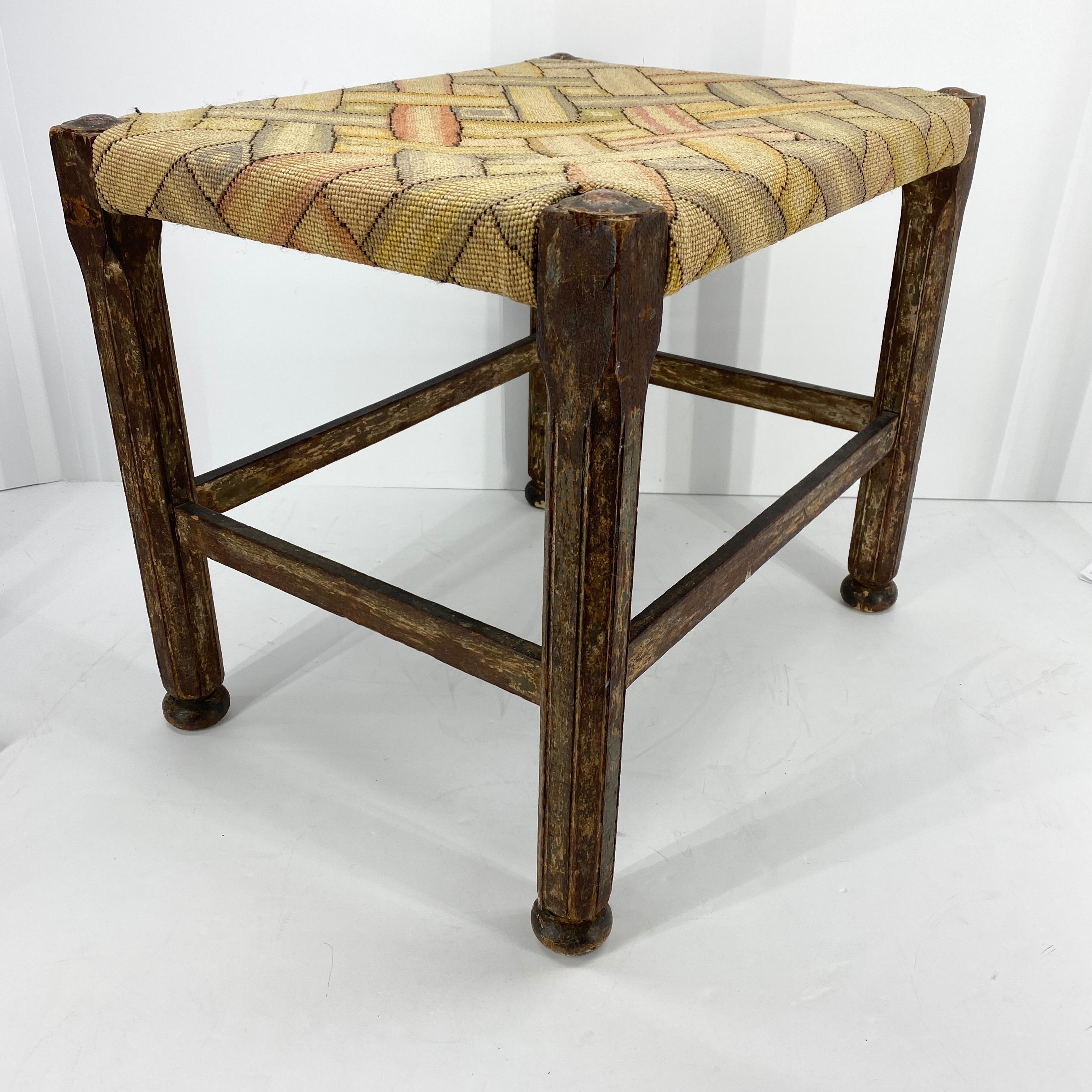 Faceted Folk Art Footstool with Woven Seat