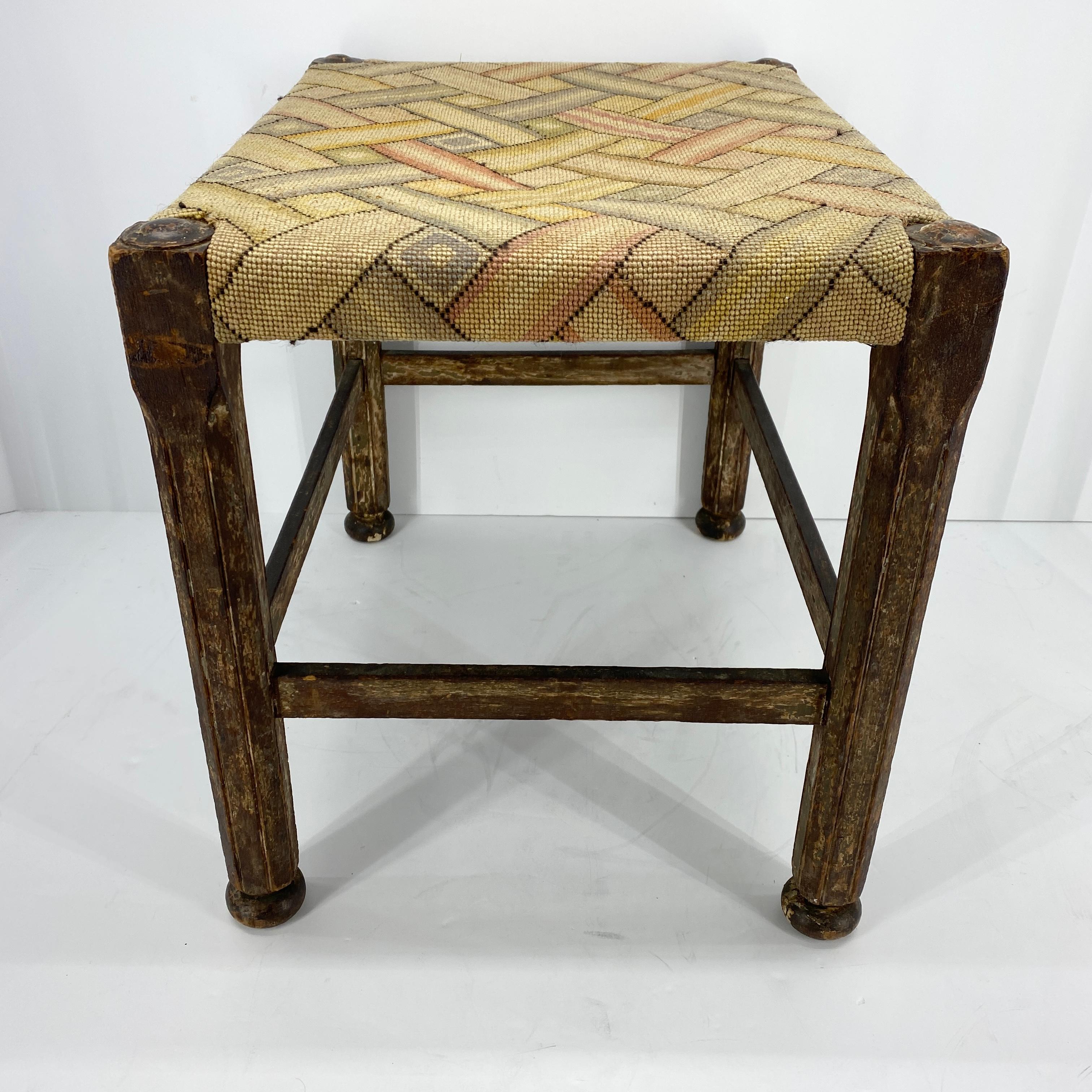 Wood Folk Art Footstool with Woven Seat