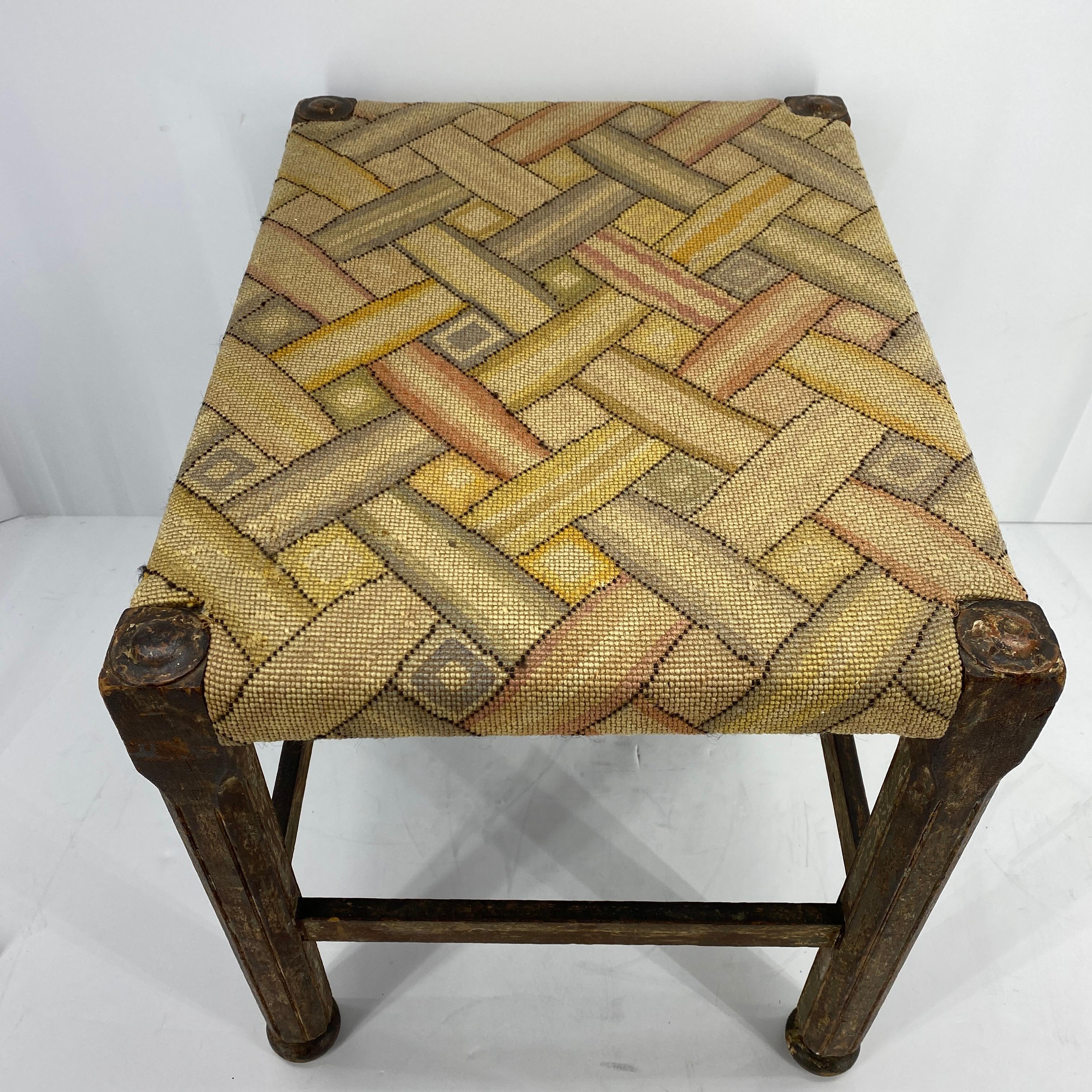 Folk Art Footstool with Woven Seat 1
