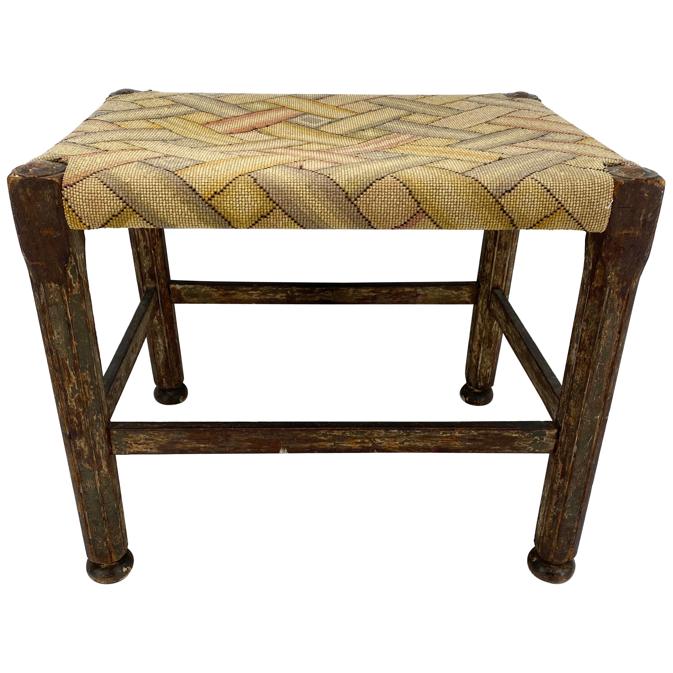 Folk Art Footstool with Woven Seat