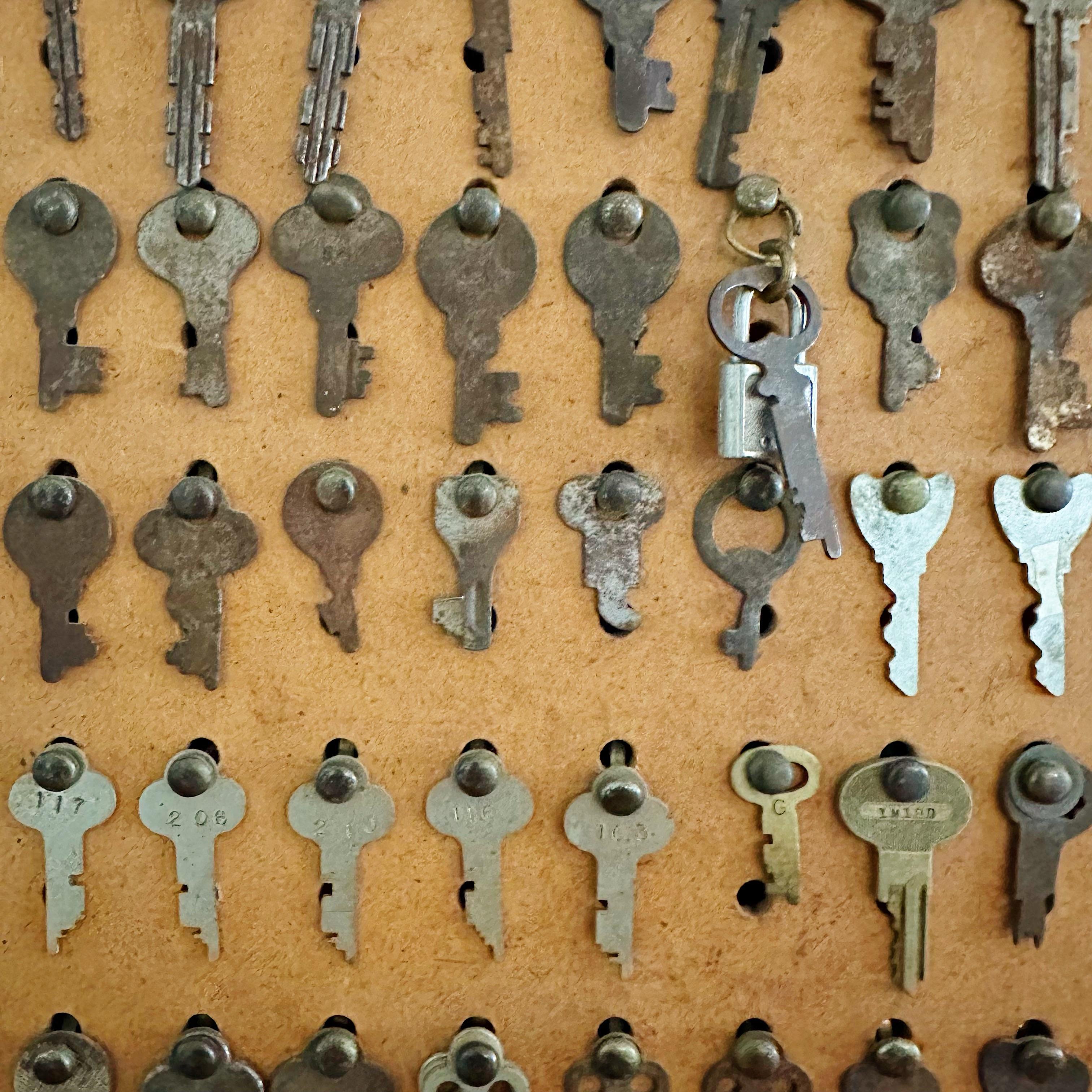American Folk Art Framed Vintage Keys on PegBoard For Sale