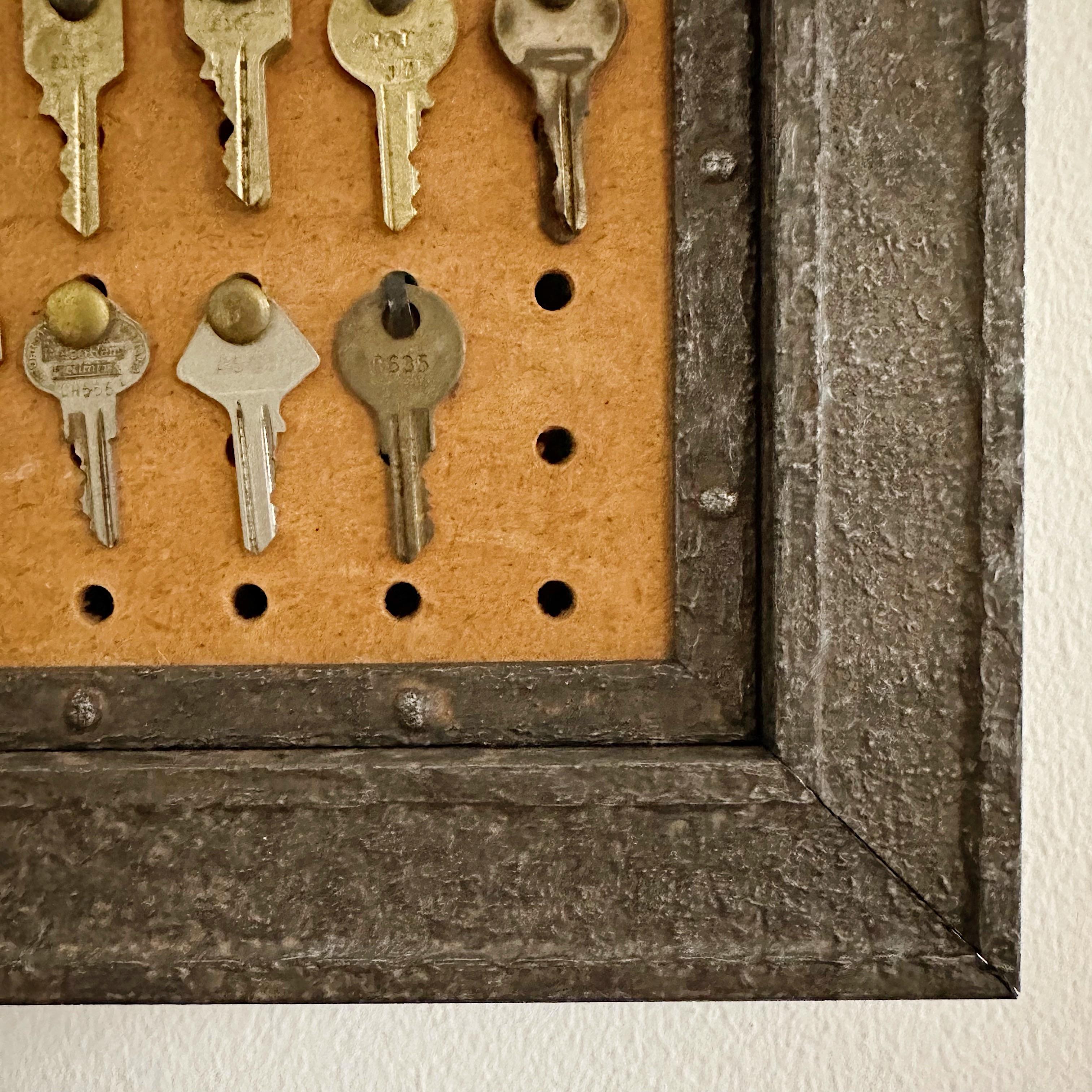 Folk Art Framed Vintage Keys on PegBoard In Good Condition For Sale In West Palm Beach, FL