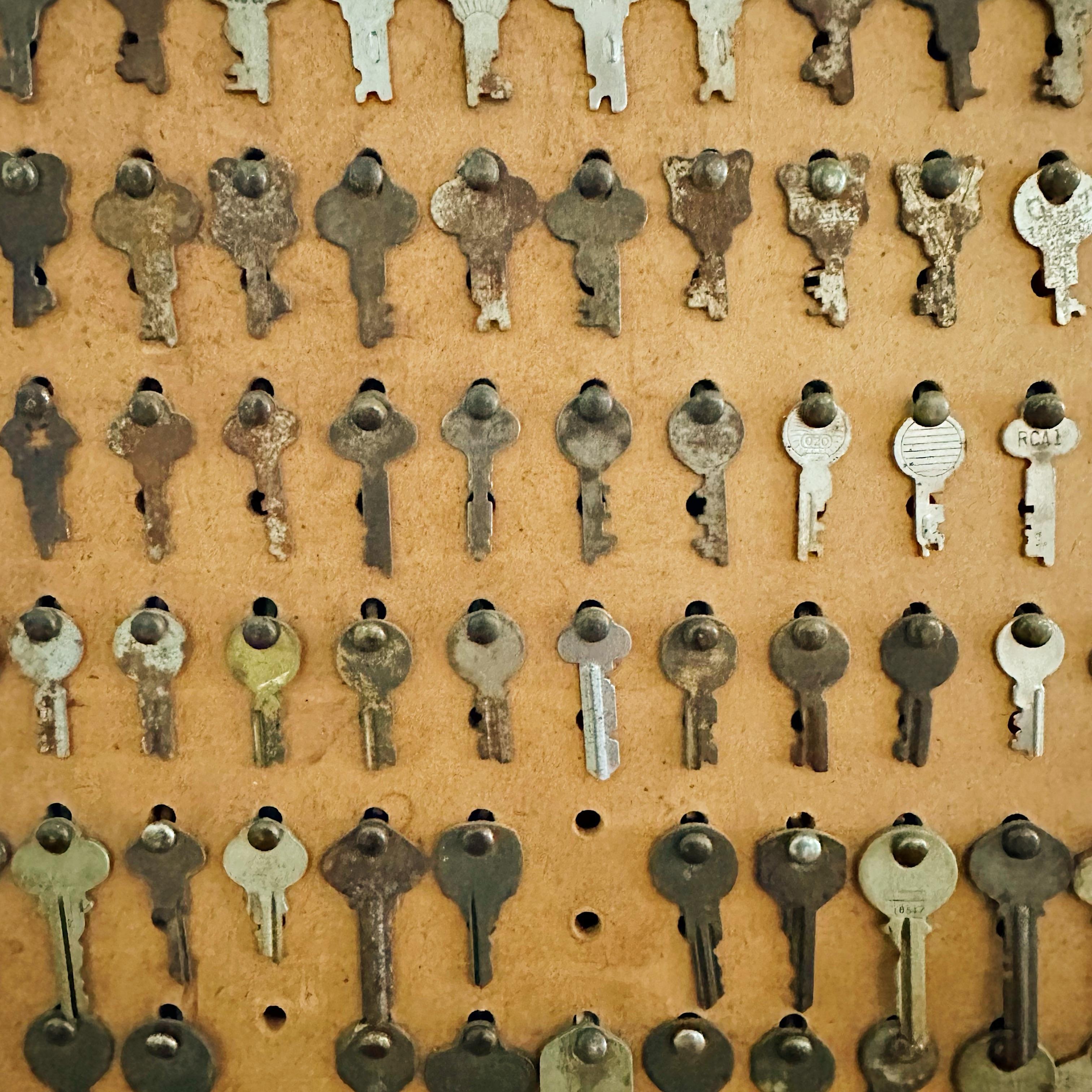 Contemporary Folk Art Framed Vintage Keys on PegBoard For Sale