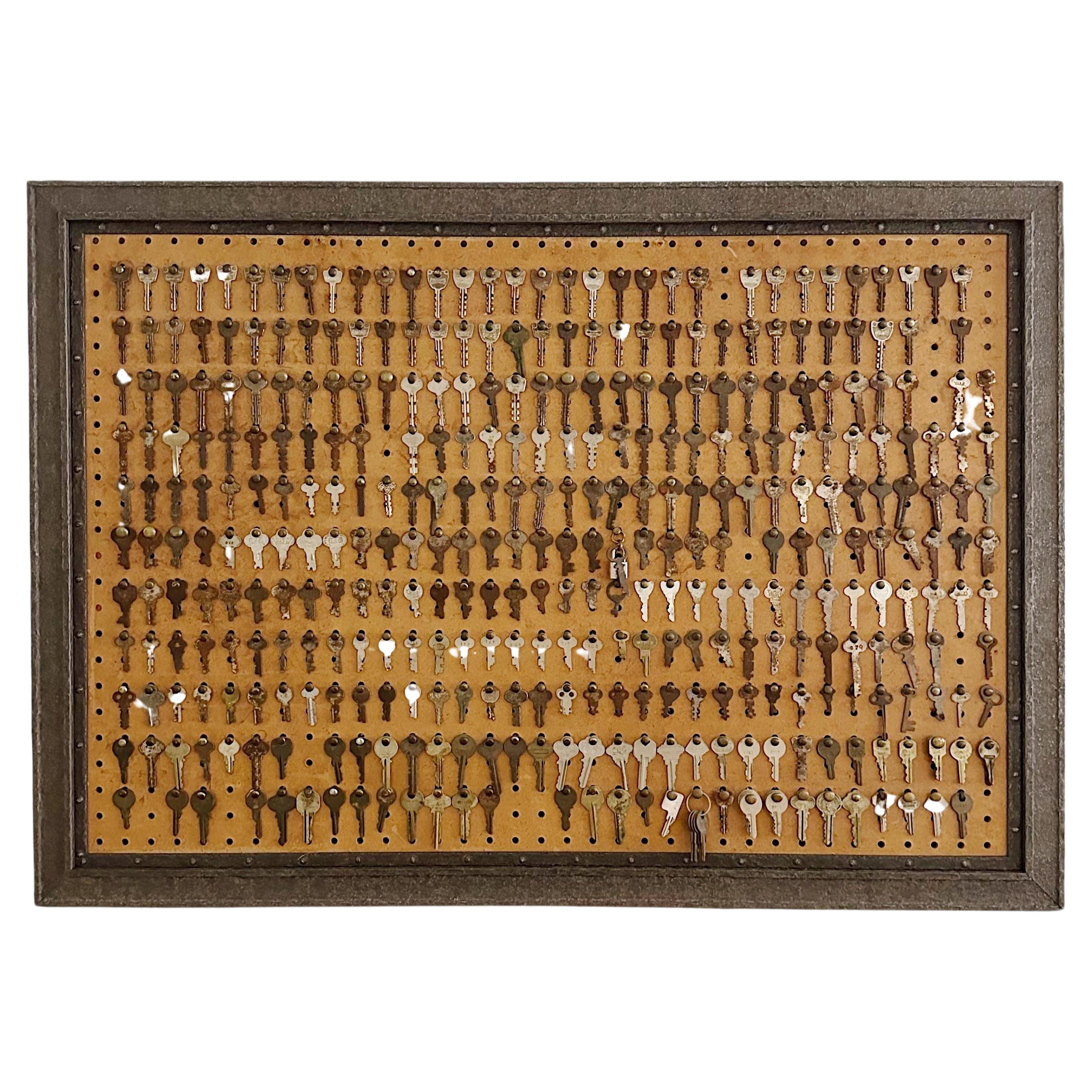 Folk Art Framed Vintage Keys on PegBoard For Sale