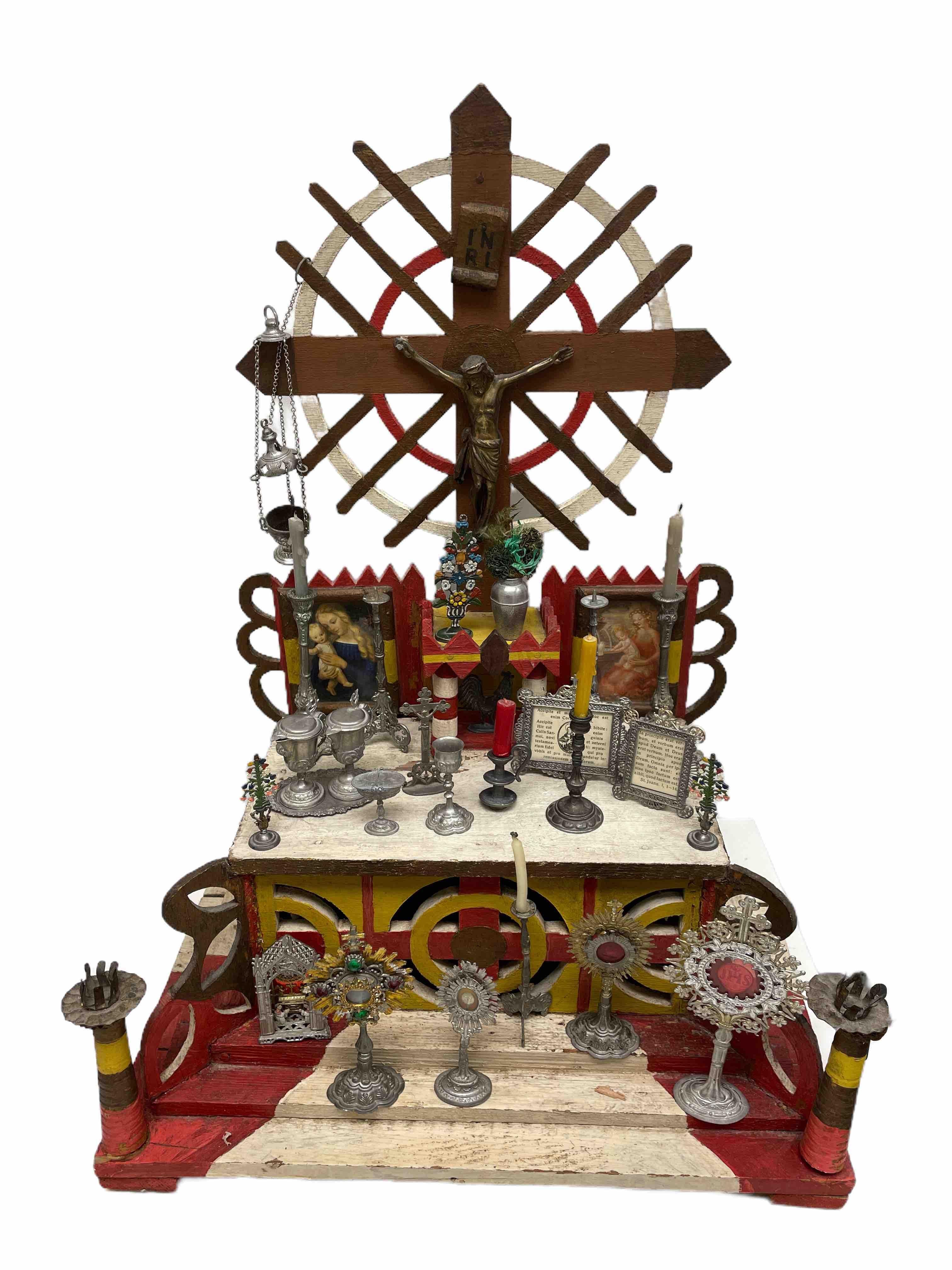 Here I have to offer a fine antique classic early 20th century hand crafted and hand painted House Altar with a lot of Christianity miniatures and accessories. A wonderful decorative appeal! It was made in the Franconia Area in Germany near