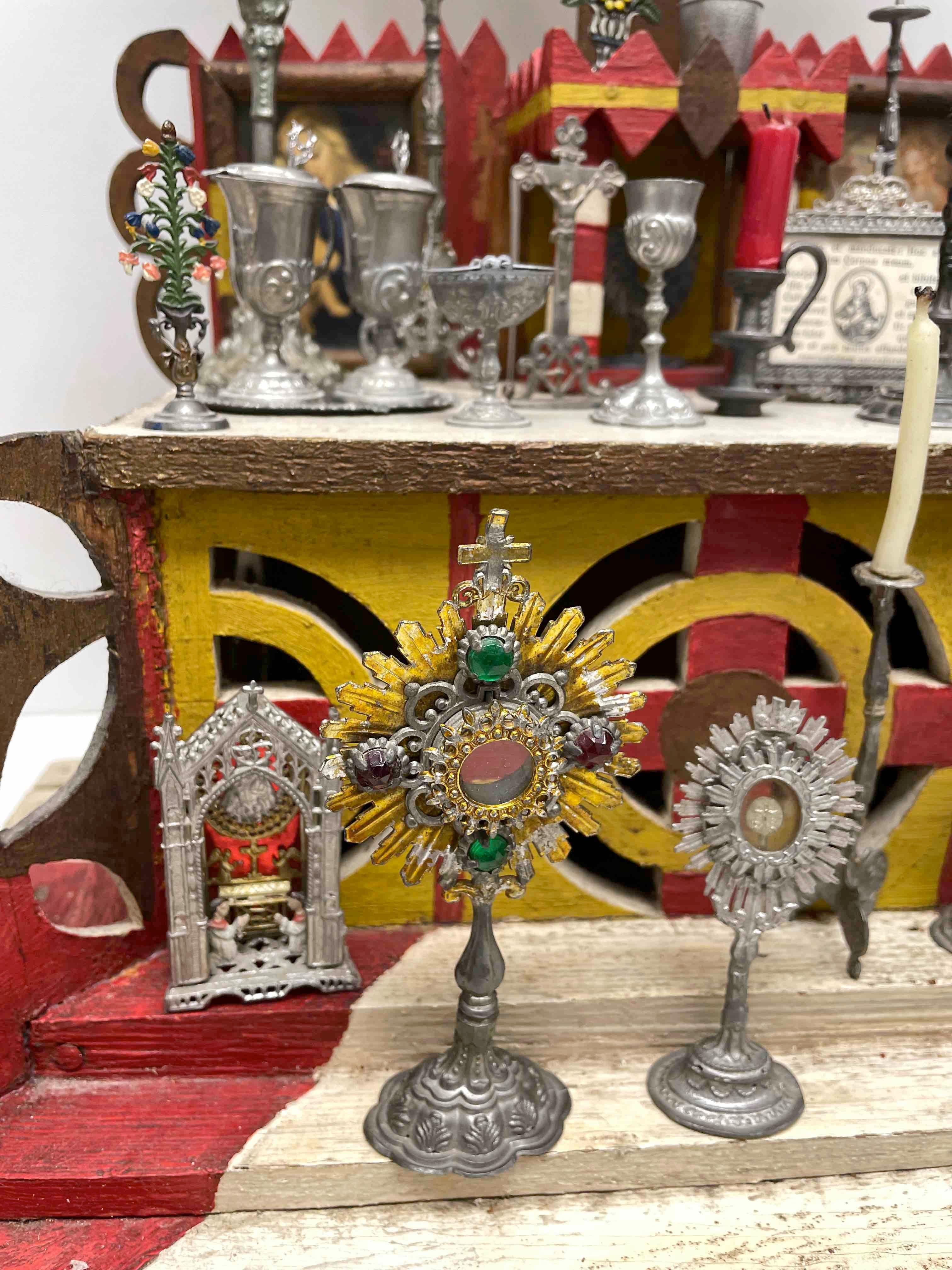 German Folk Art Franconia House Altar with Accessories Early 20th Century Wood Carved For Sale