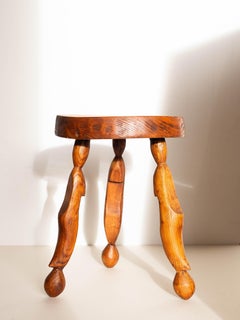 Folk Art French Stool - Brutalist Wooden Tripod Stool - Solid Pine Wood - 1940s