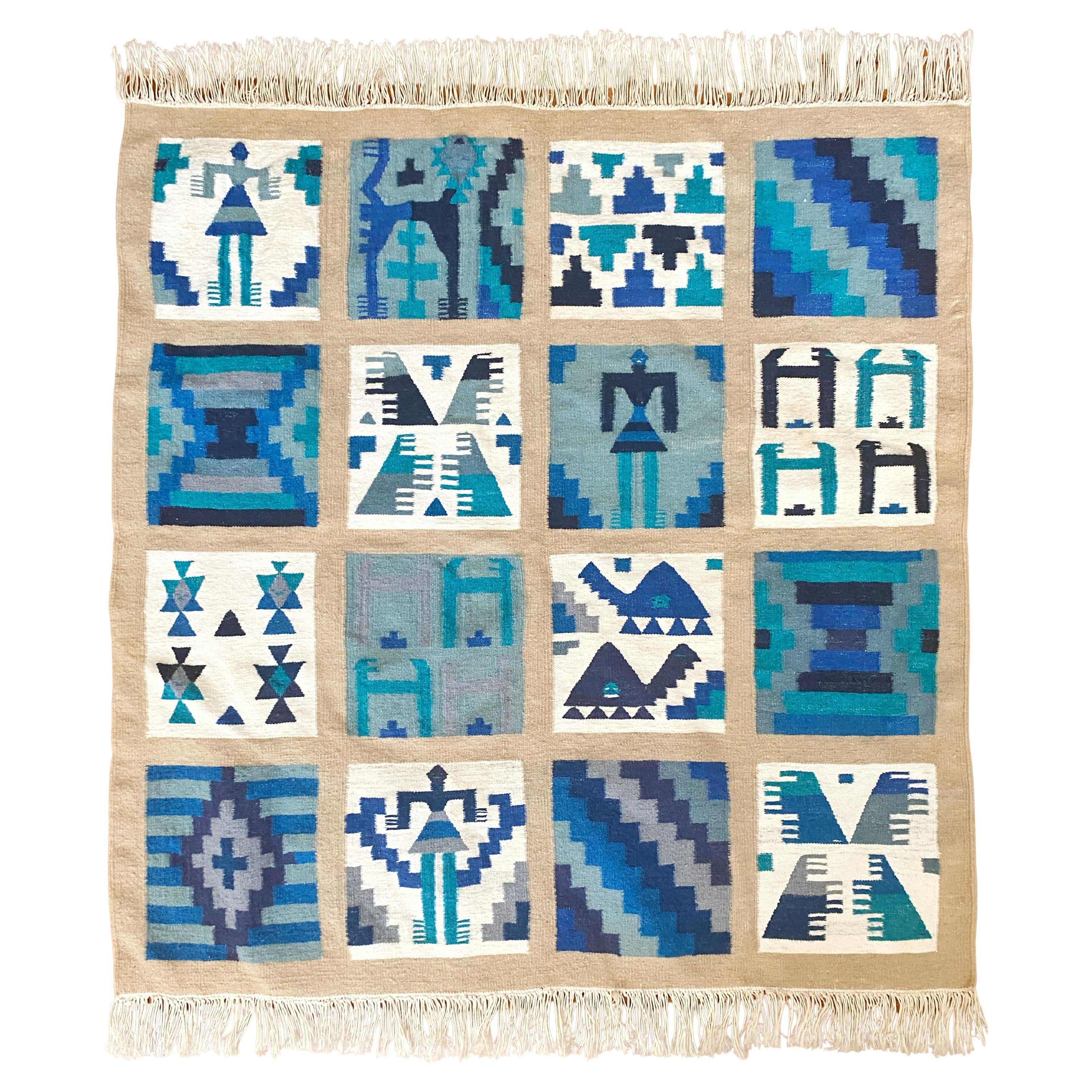 Appendiabiti Folk Art Gafsa Kilim con motivi di figure blu e turchesi, anni '70 in vendita
