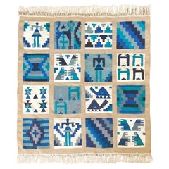 Folk Art Gafsa Kilim Wall Hanging with Blue and Turquoise Figure Motifs, 1970s