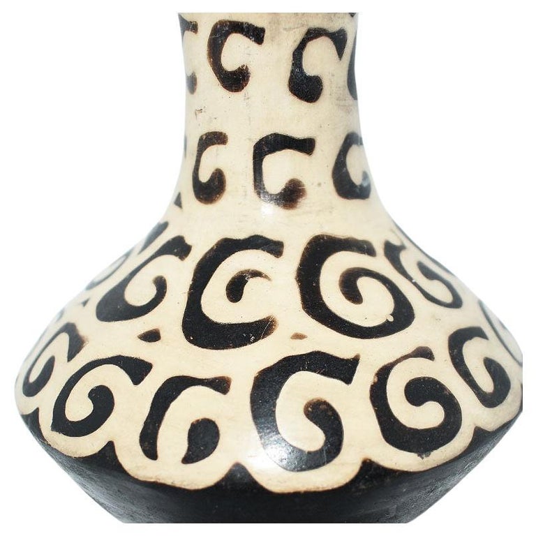 Folk Art Geometric Black and White Flower Vase For Sale at 1stDibs