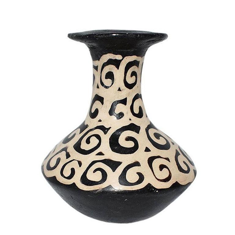 Folk Art Geometric Black and White Flower Vase For Sale at 1stDibs