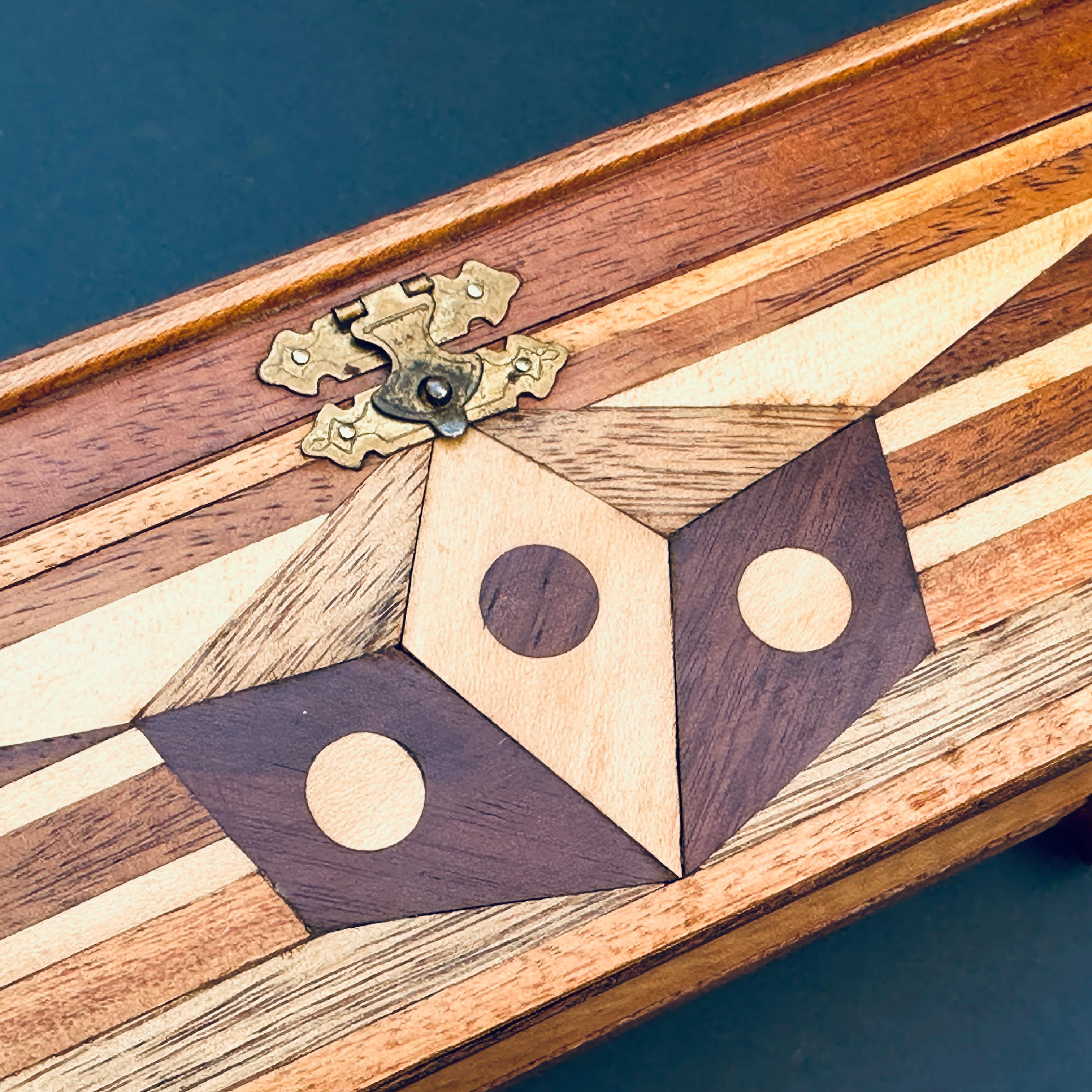 Folk Art Geometric Inlaid Wood Small Hinged Box For Sale 6