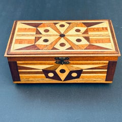 Folk Art Geometric Inlaid Wood Small Hinged Box