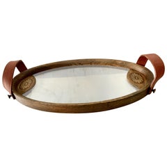 Folk Art Glass and Wood Tray with Inlay and Leather Handles