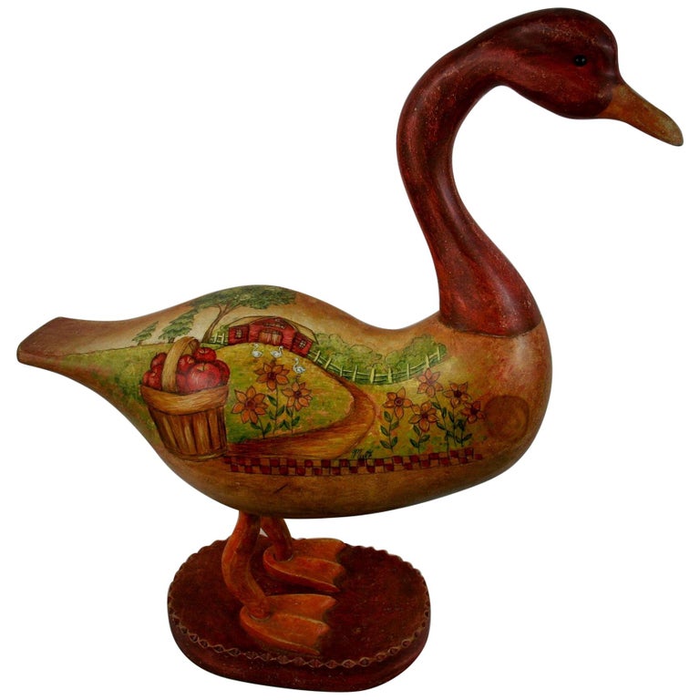 Folk Art Goose Hand Painted Sculpture For Sale