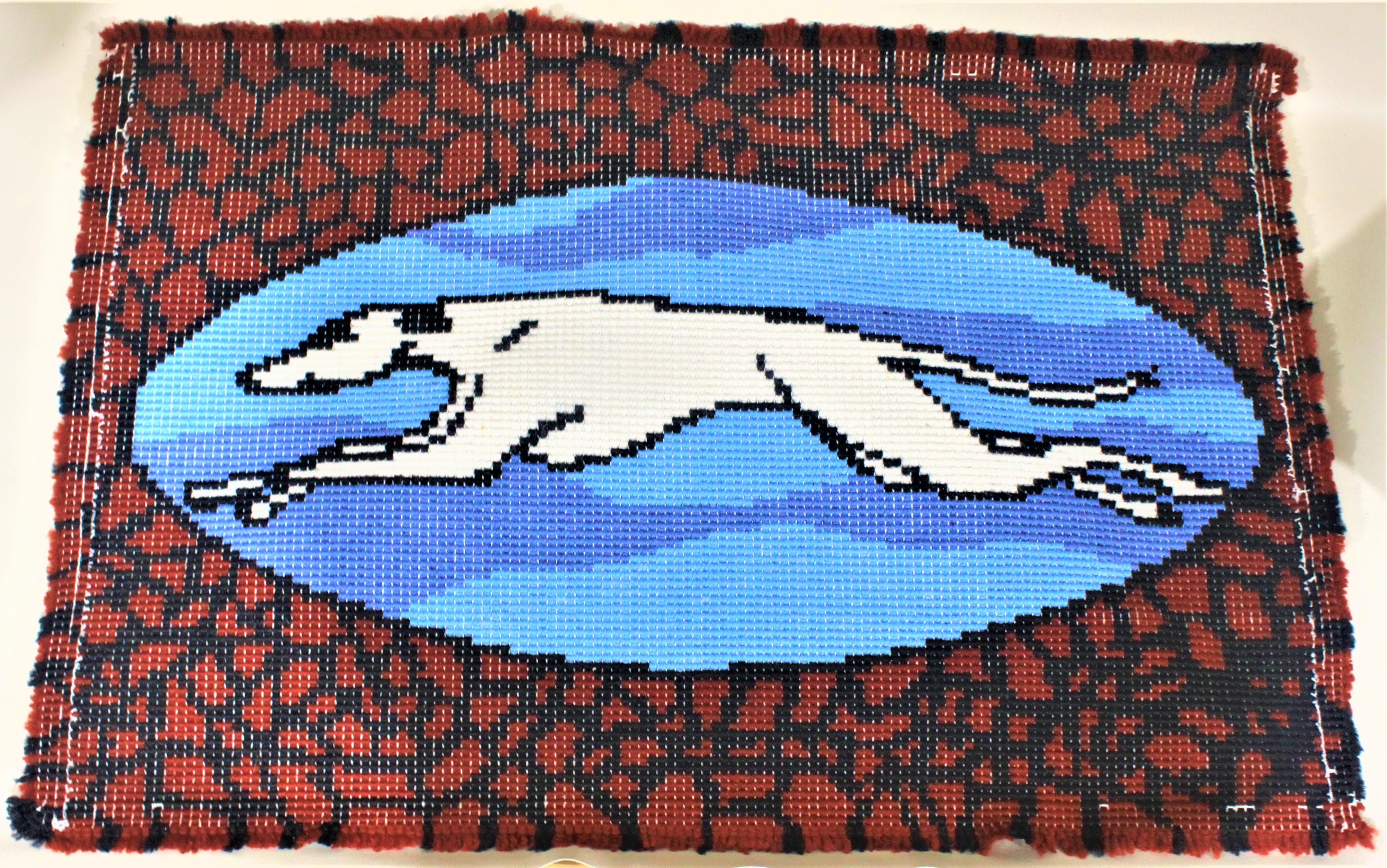 This unique and colorful Folk Art hooked rug was designed and crafted sometime between 1970 and 1980 and could be easily be adapted for use as a wall hanging. This rug is presumably made from synthetic wool and employs five colors to represent the
