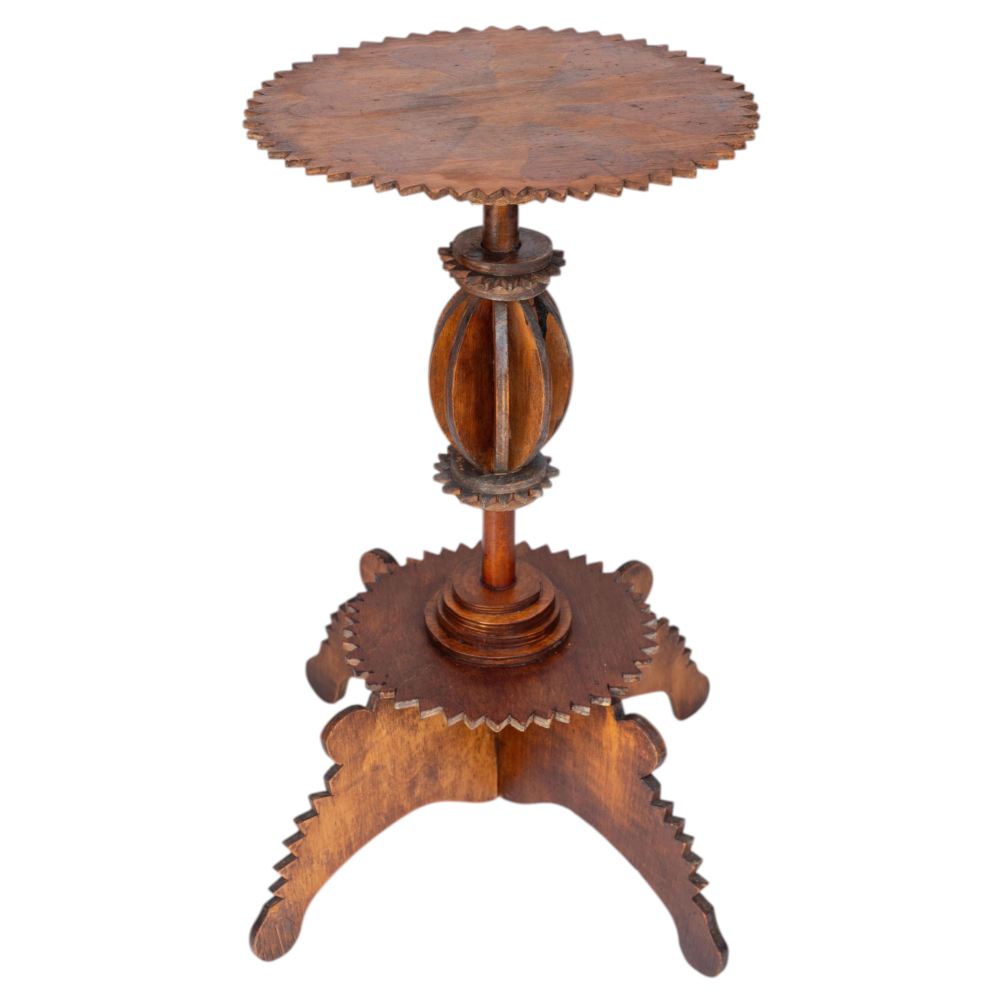 Folk Art Gueridon, Tramp Art Wooden Pedestal or Side Table, Belgium 19th Century