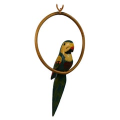 Folk Art Hand Carved and Painted Green Parrot Sculpture on a Swing