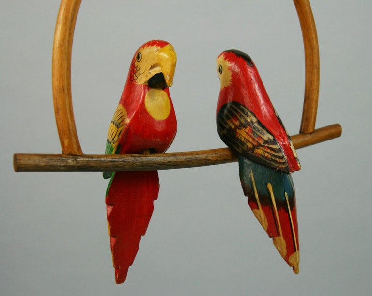 Folk Art Hand Carved and Painted Pair Red Parrots Sculptures on a Swing For Sale 1