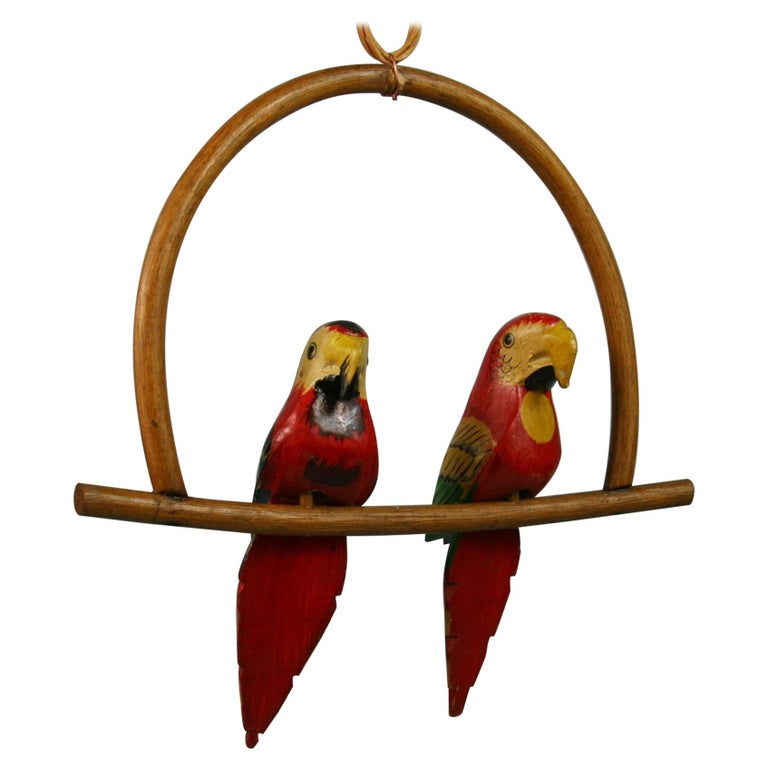 Folk Art Hand Carved and Painted Pair Red Parrots Sculptures on a Swing For Sale