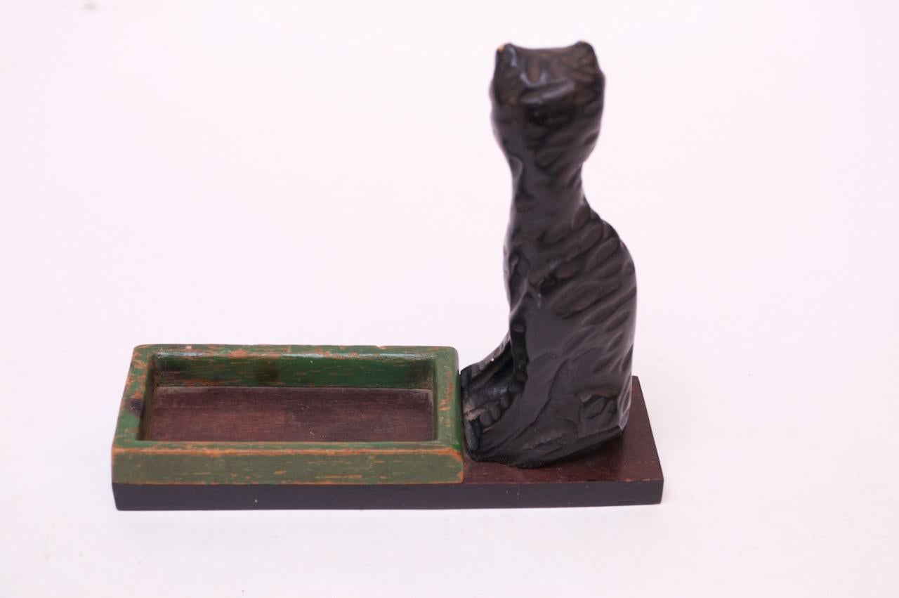 Mahogany Folk Art Hand Carved Black Cat Trinket Dish For Sale