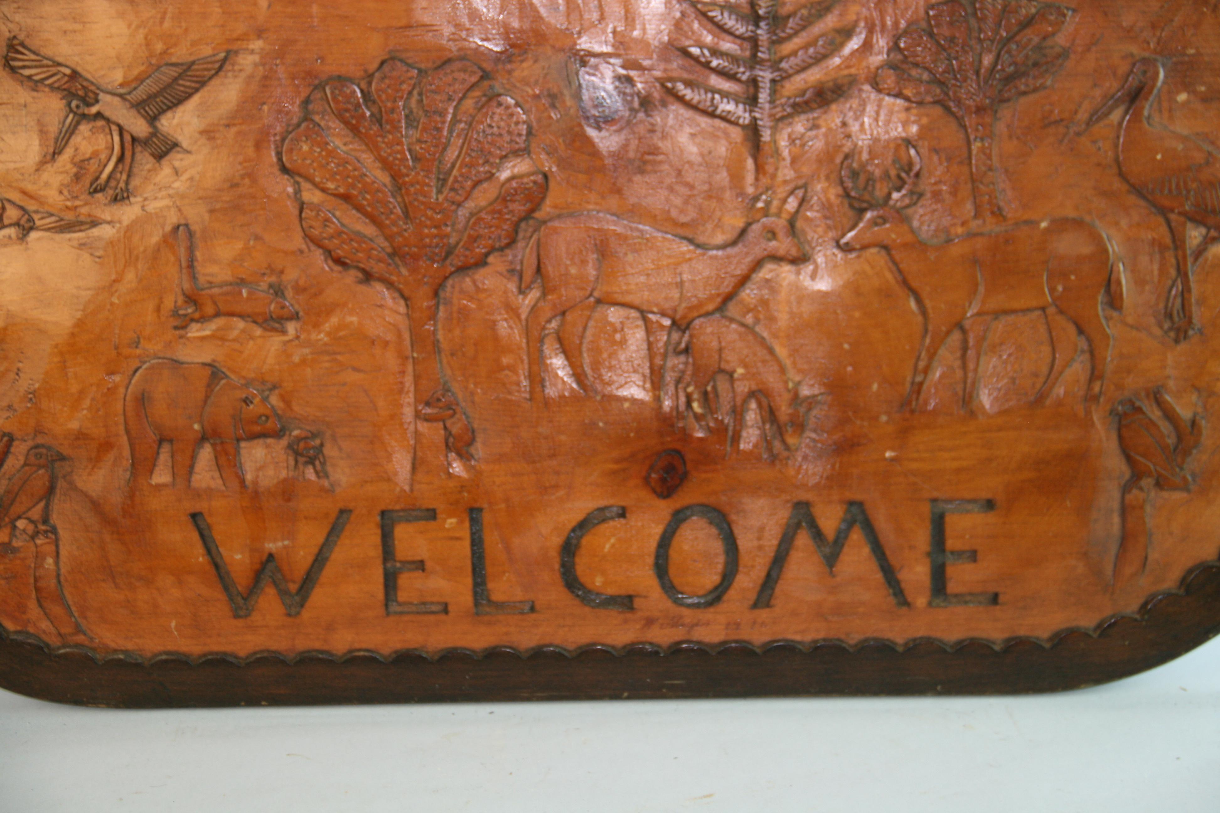 Late 20th Century Folk Art Hand Carved Forest Animals Welcome Plaque For Sale