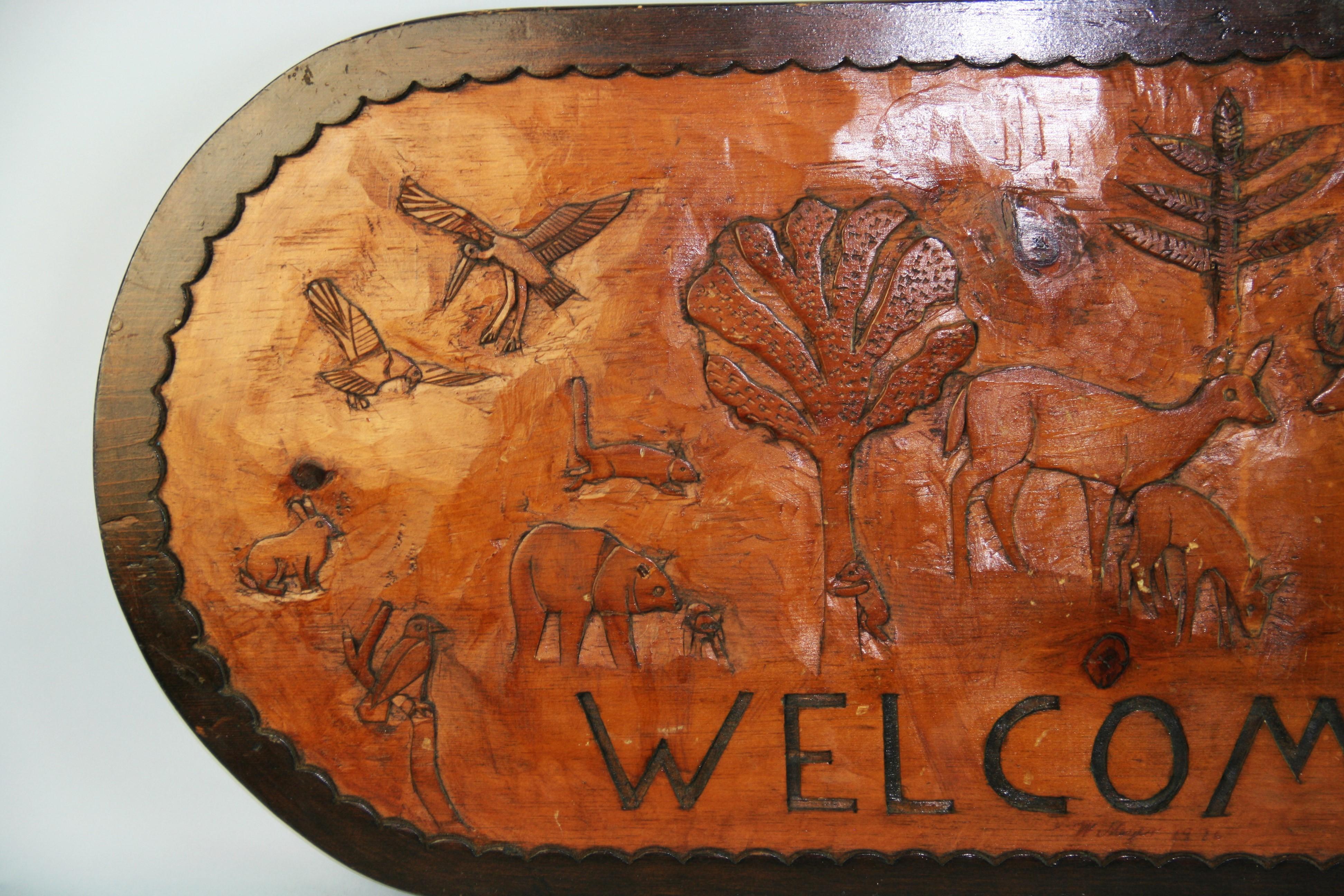 Softwood Folk Art Hand Carved Forest Animals Welcome Plaque For Sale