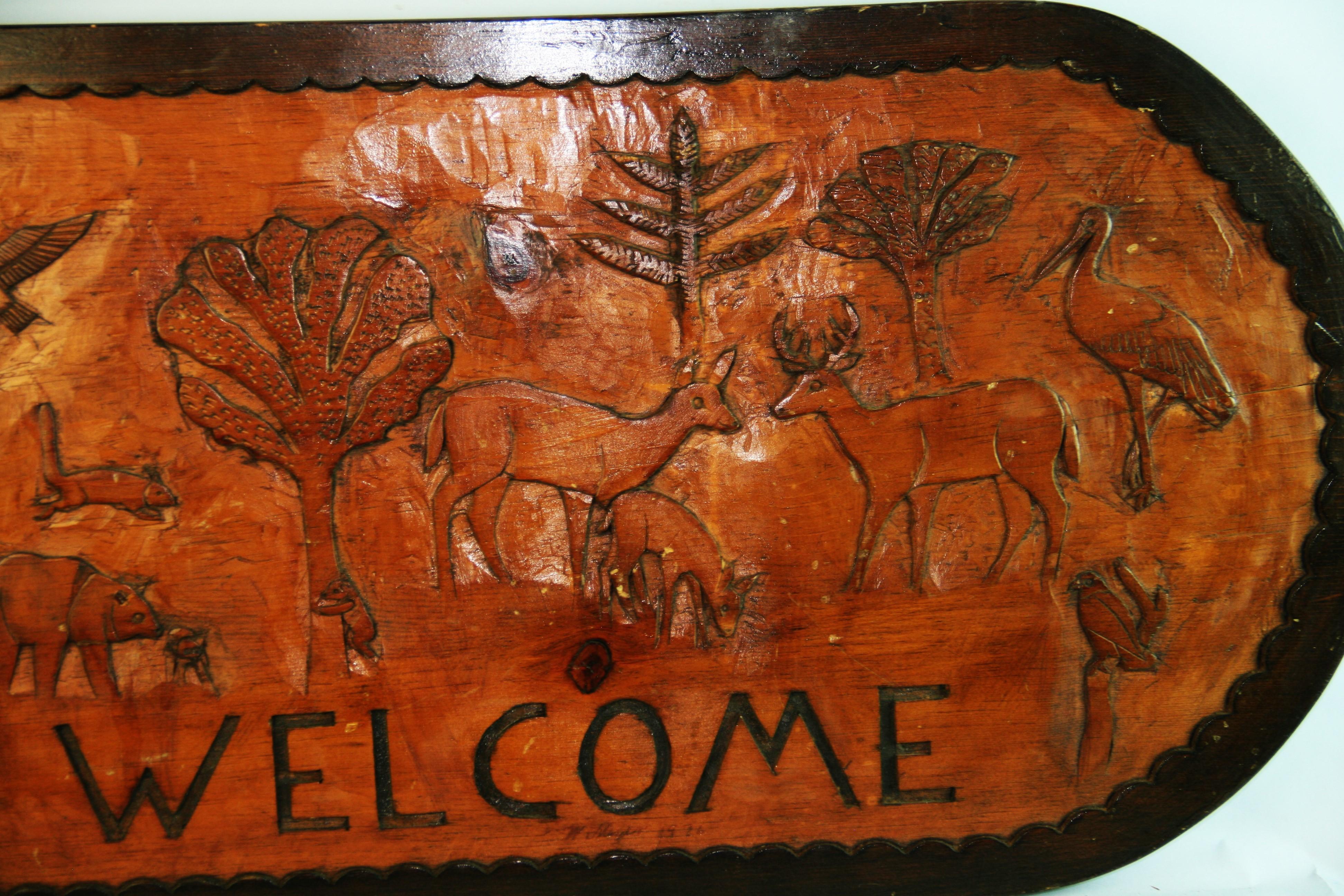Folk Art Hand Carved Forest Animals Welcome Plaque For Sale 1