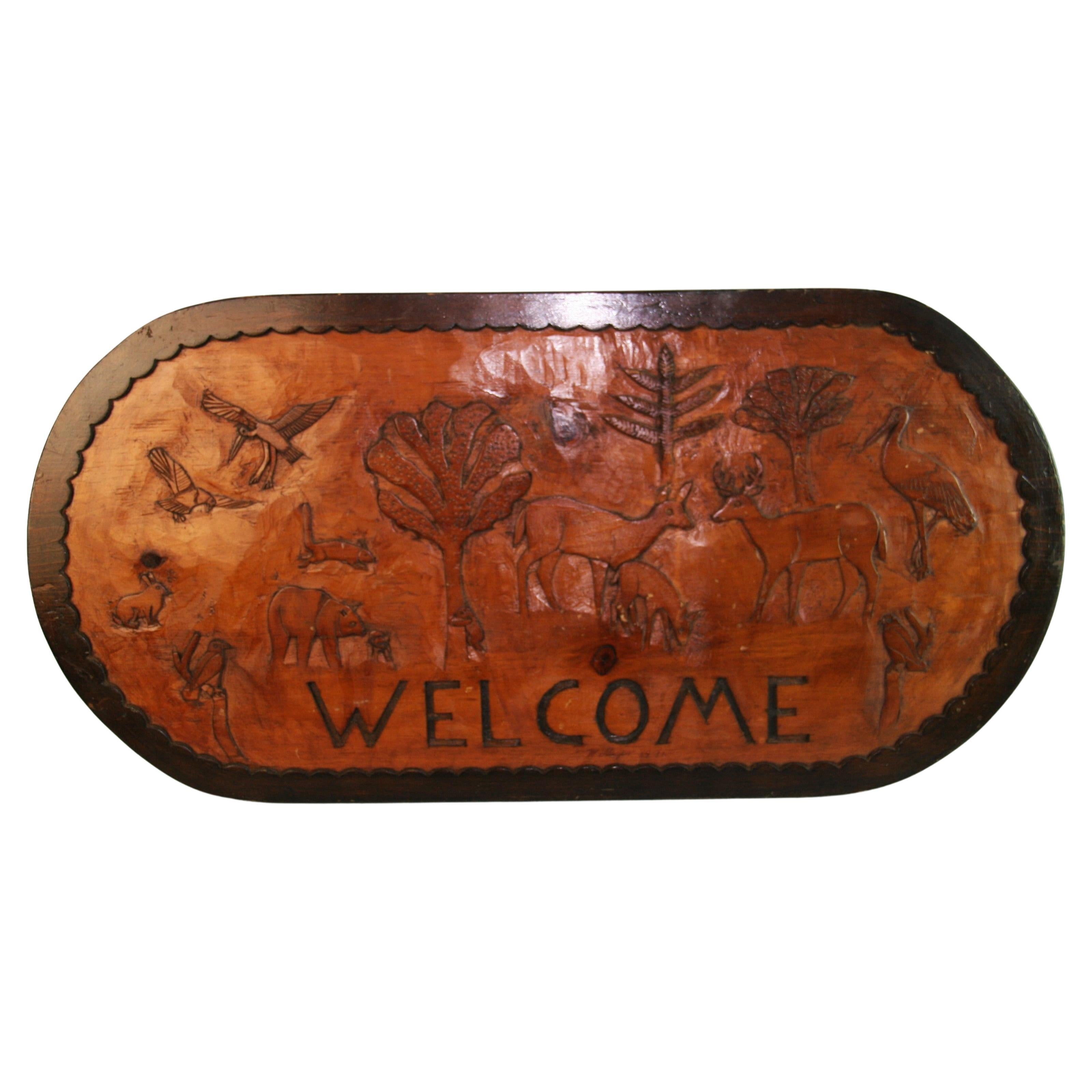 1273 Hand carved low relief welcome wood wall plaque depicting forest animals.
Signed on verso W.Meyer 1976.