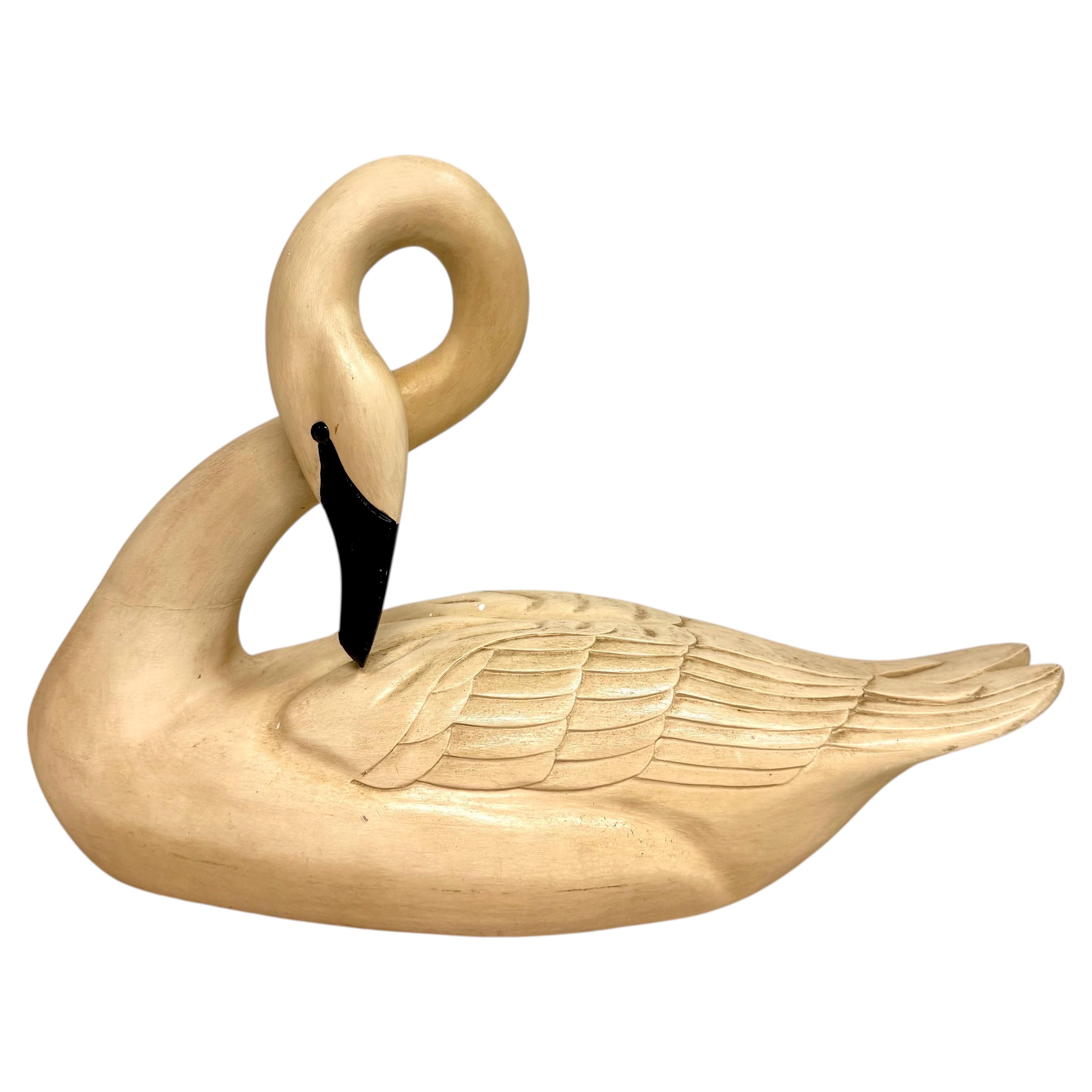 Folk Art Hand Carved Swan Decoy Sculpture, Wood, Circa 1986, Vintage