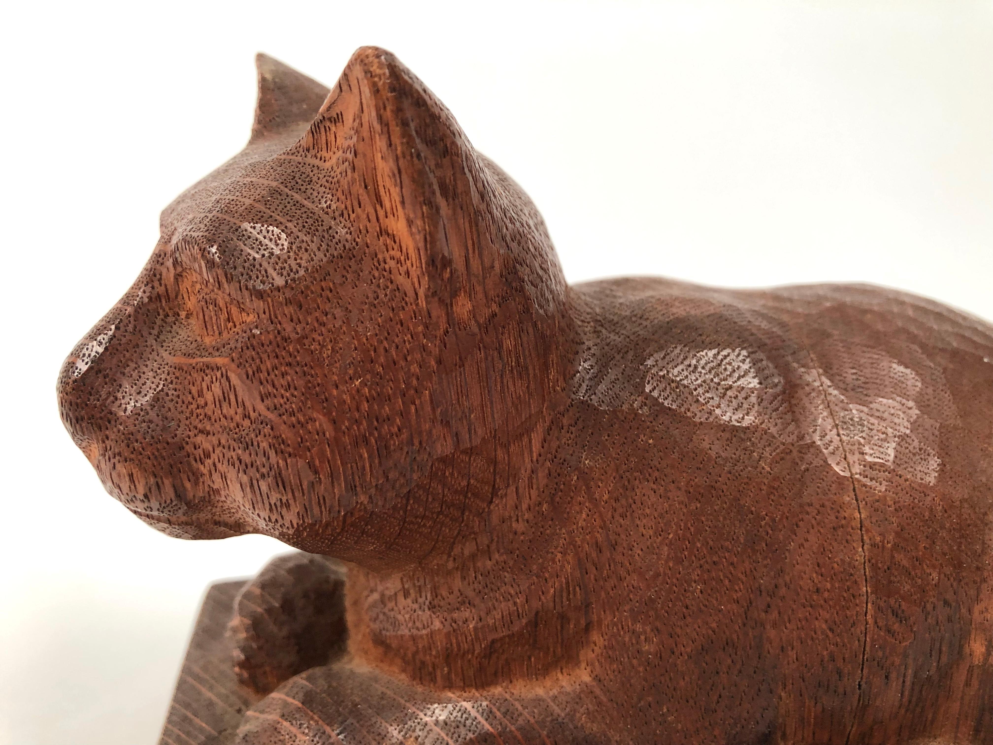 Folk Art Hand Carved Wood Cat Sculpture  2