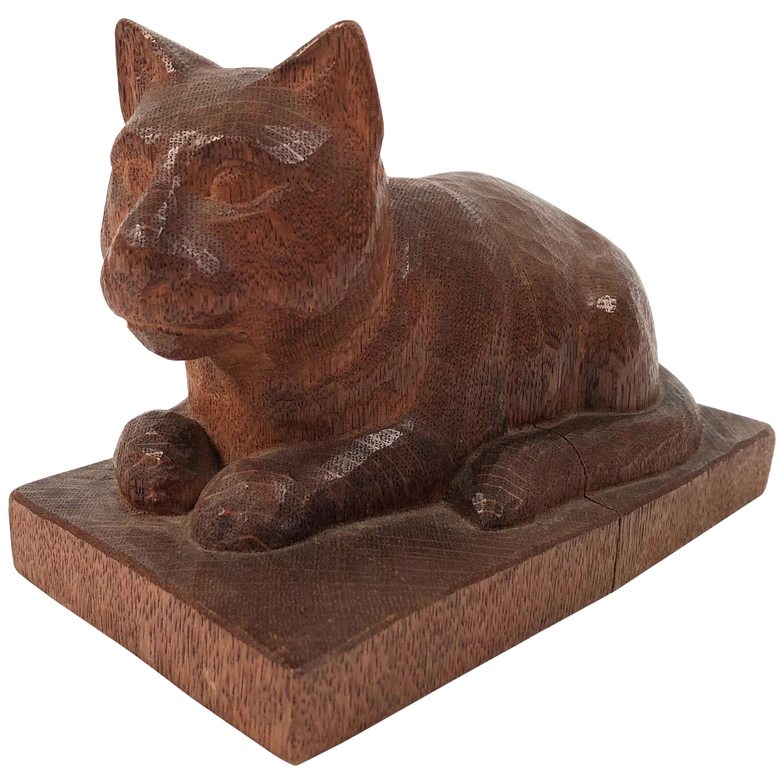 Folk Art Hand Carved Wood Cat Sculpture