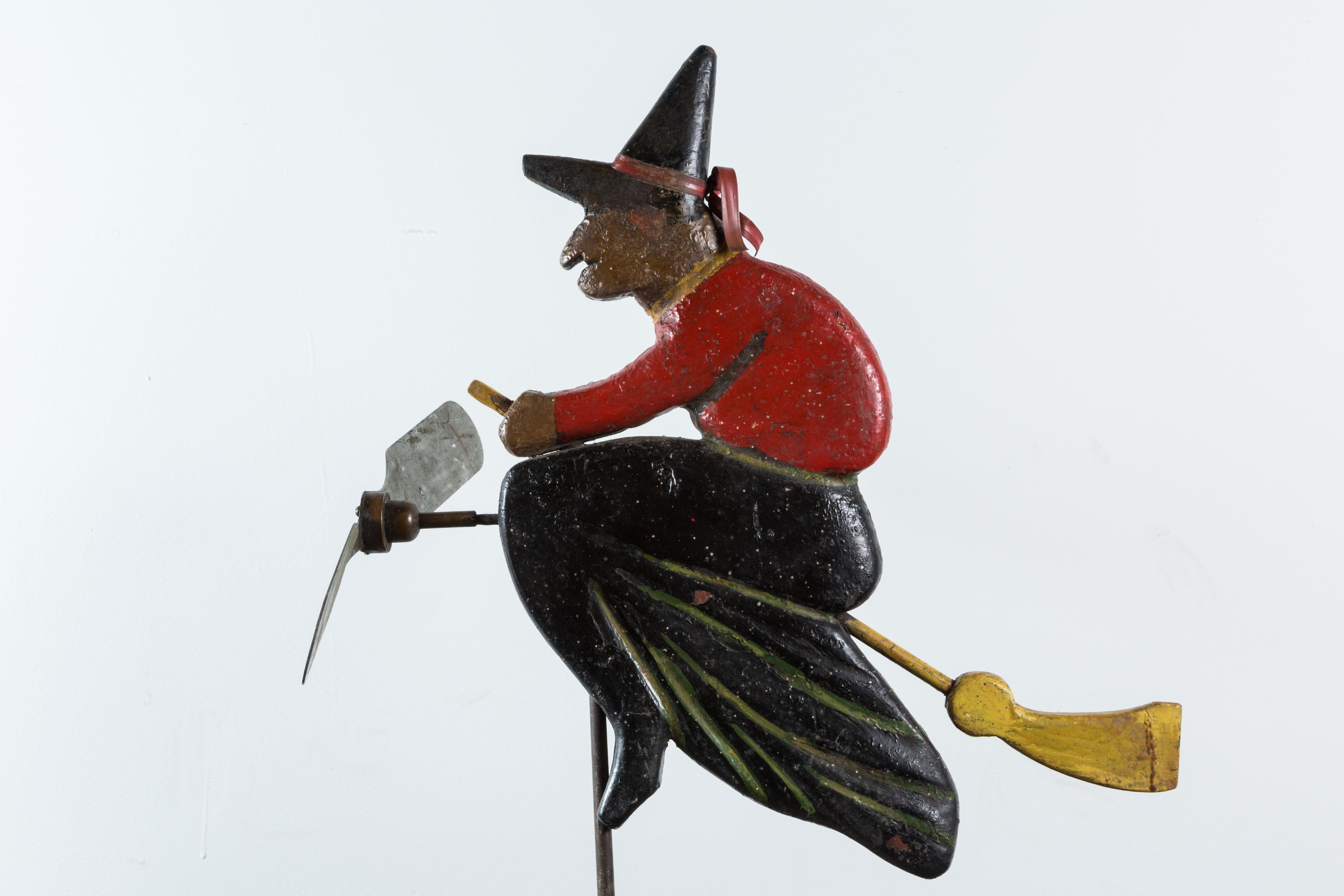 Hand-Painted Folk Art Hand-Carved Wood Witch Weathervane For Sale