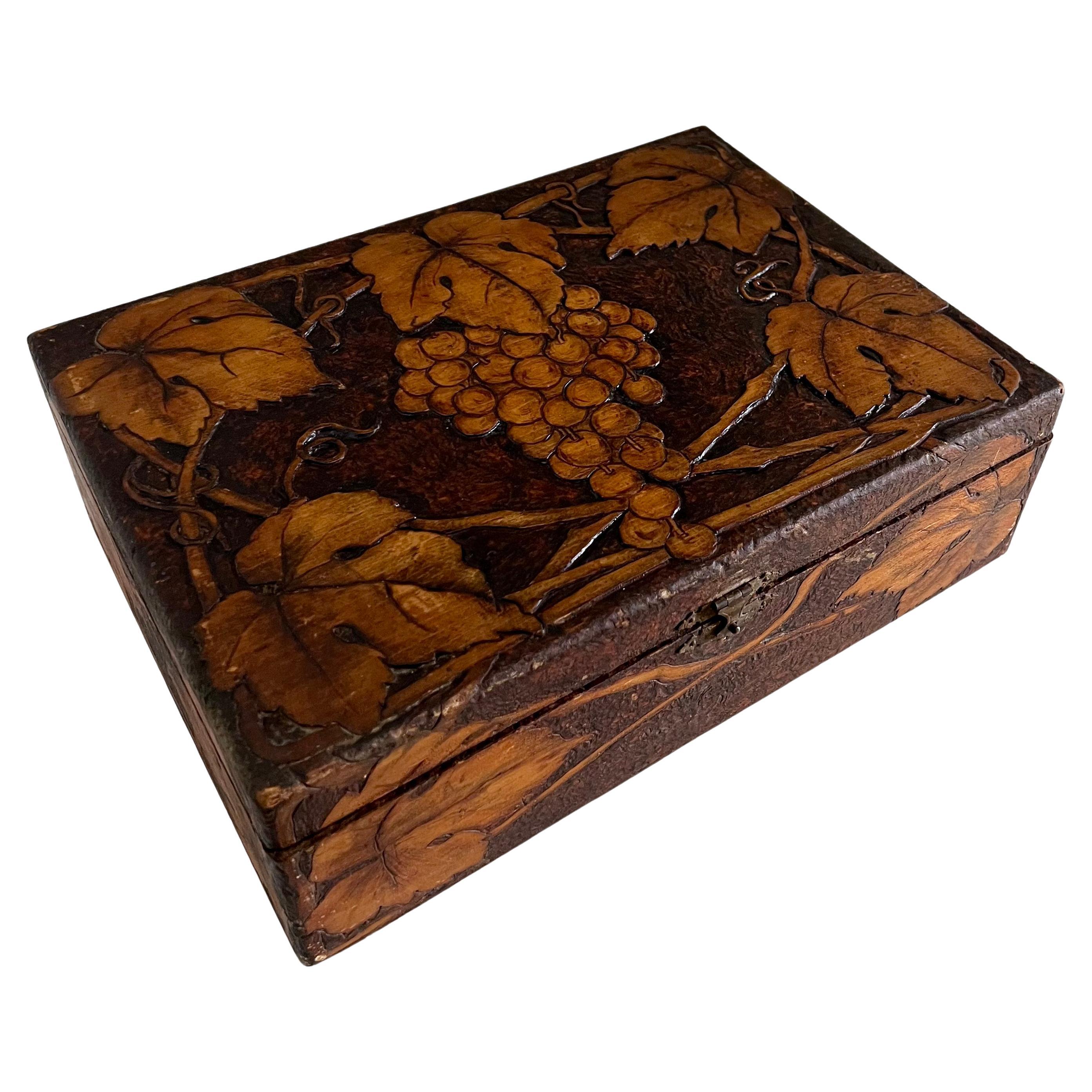 Folk Art Hand-Carved Wooden Box with Grapes and Leaves
