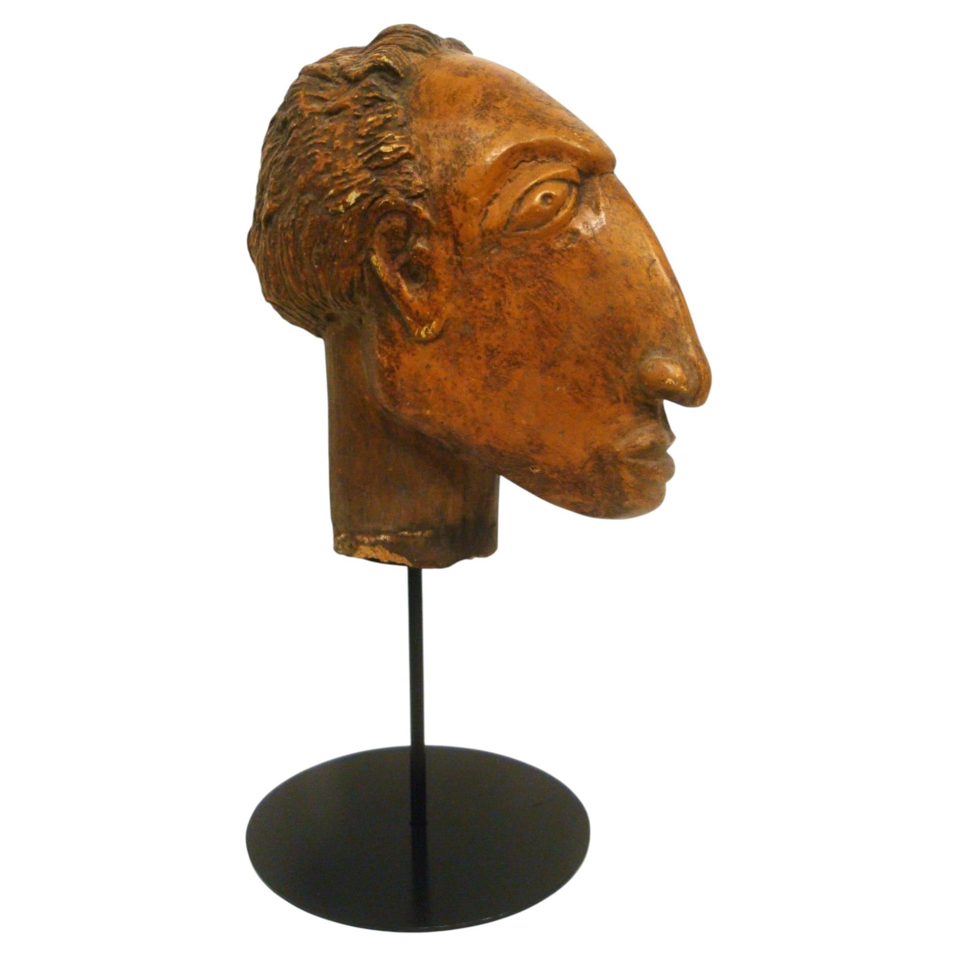 Folk Art Carved Hand Wooden Sculpture Man's Head 1900's