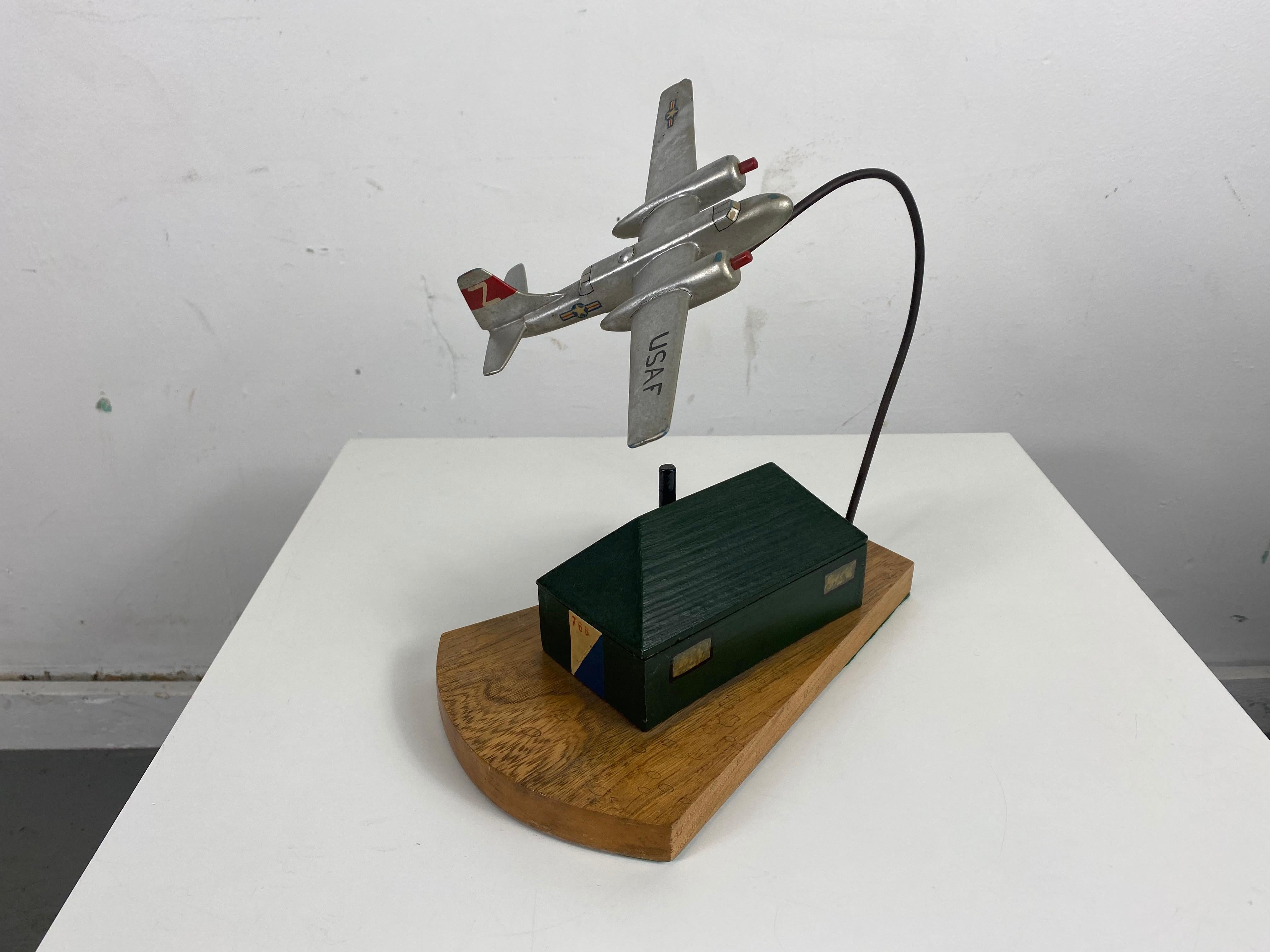 Folk Art, hand executed modernist, Art deco Airplane sculpture with hand built and painted trinket box.