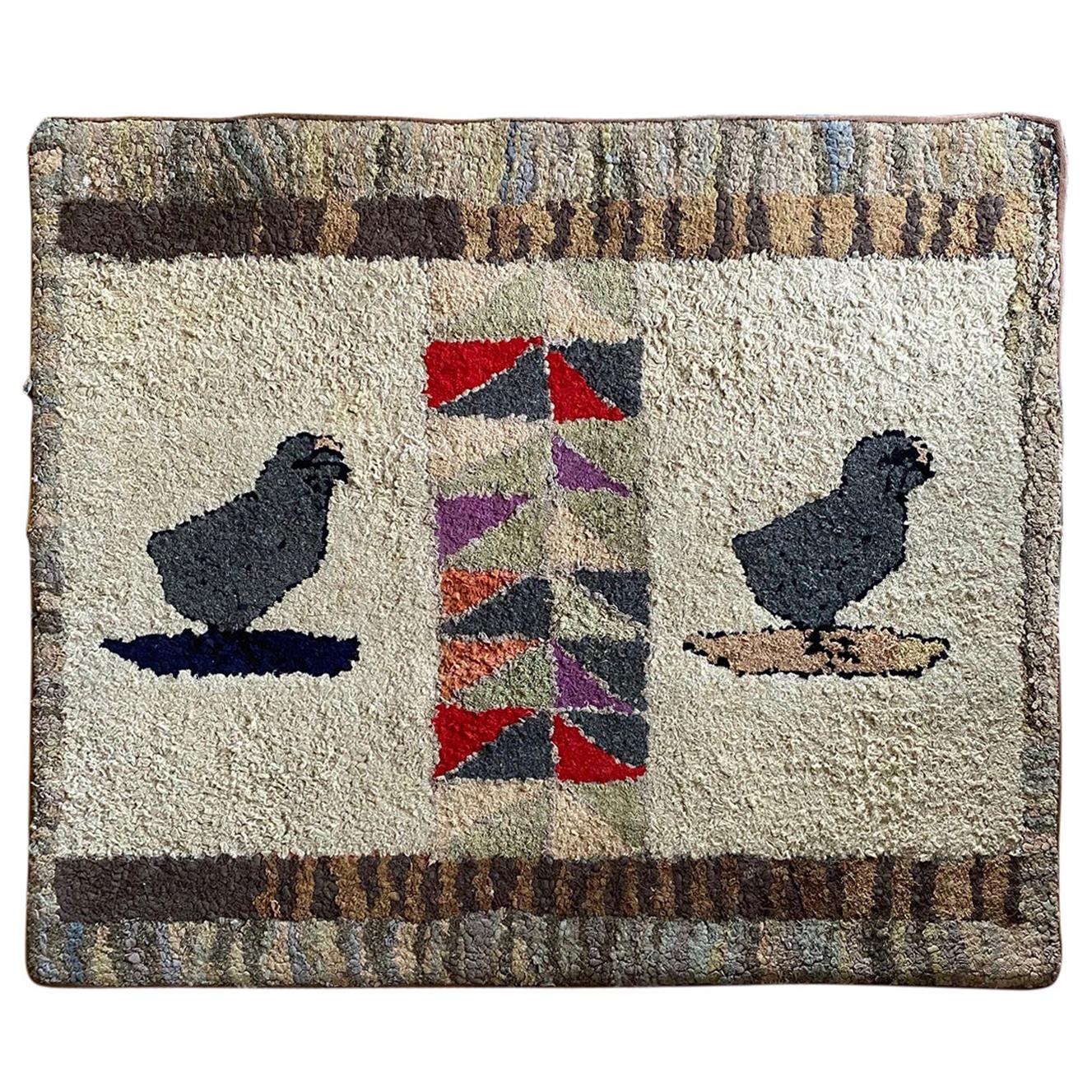 Folk Art Hand Hooked Rug with Chickens, circa 1880 For Sale