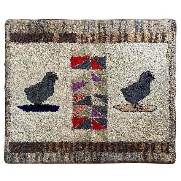 Rustic Folk Chicken Rug Folk Art Hand Hooked Rug with Chickens, circa 1880 For Sale at 1stDibs ...