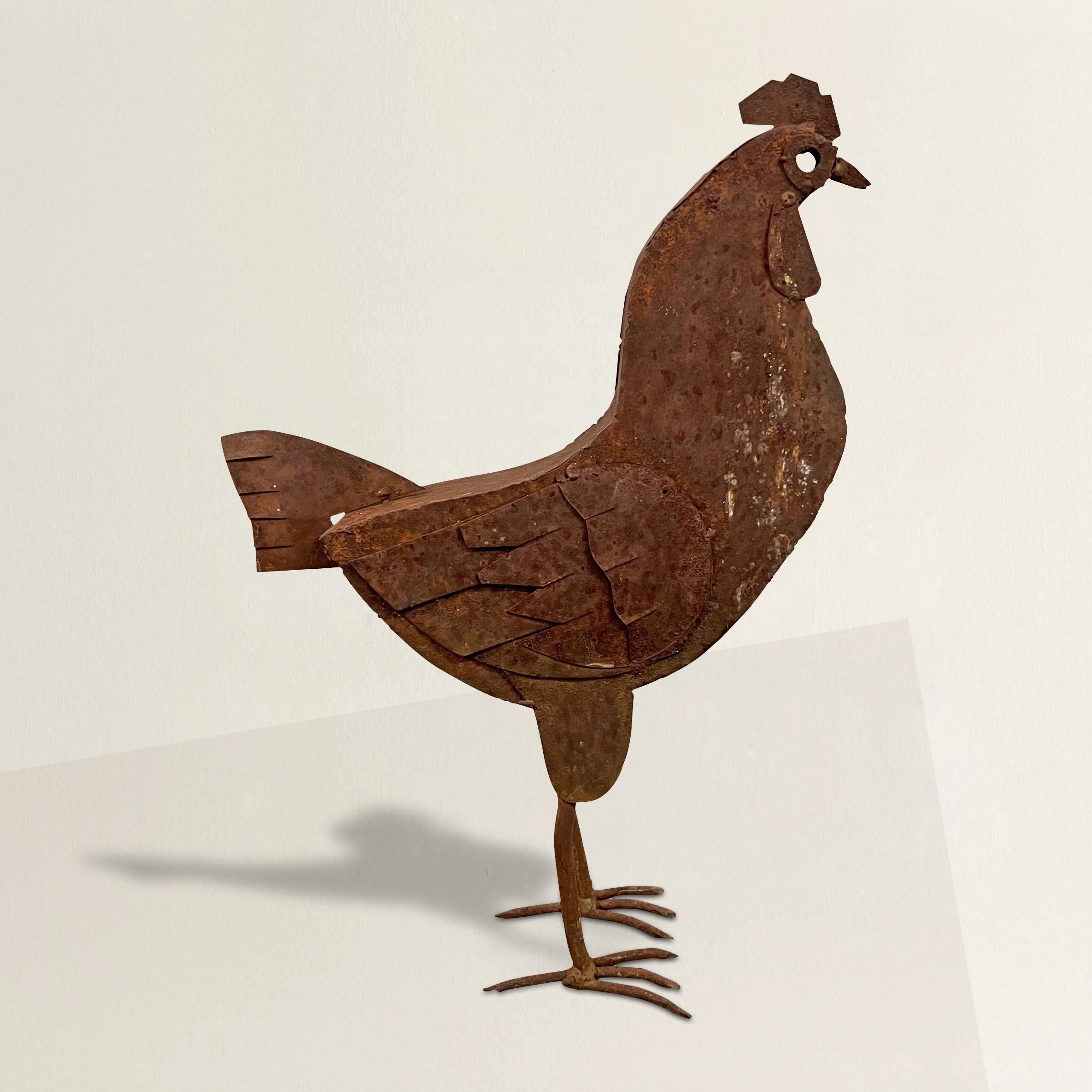 A mischievous 20th century American folk art rooster sculpture with a wonderful disposition, and beautiful rusted finish. Perfect indoors or out!