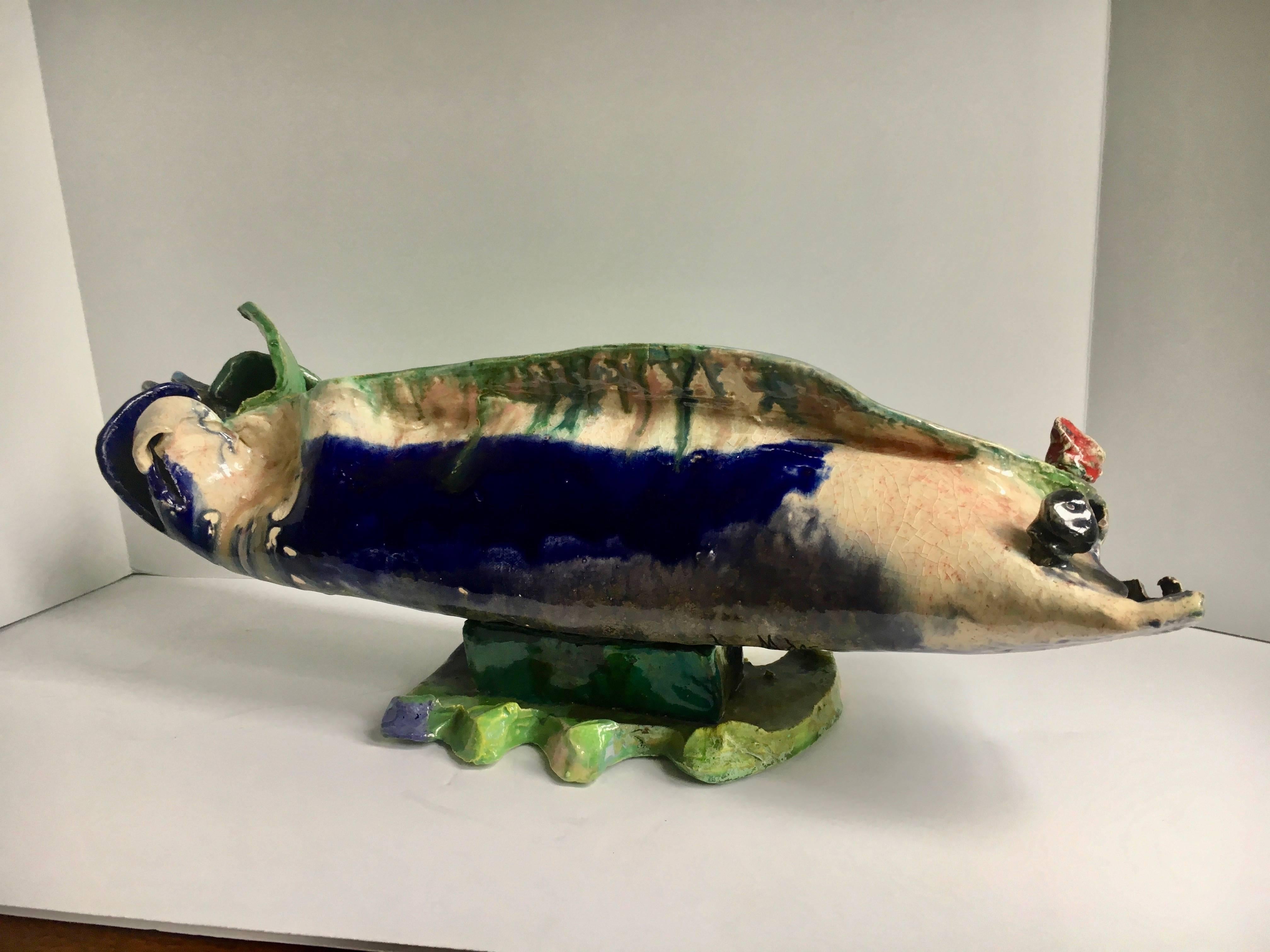 Glazed Folk Art Handmade Pottery Sculpture of a Fish For Sale