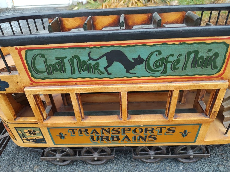 Industrial Folk Art Hand Painted Wood & Iron New Orleans Trolley Car For Sale