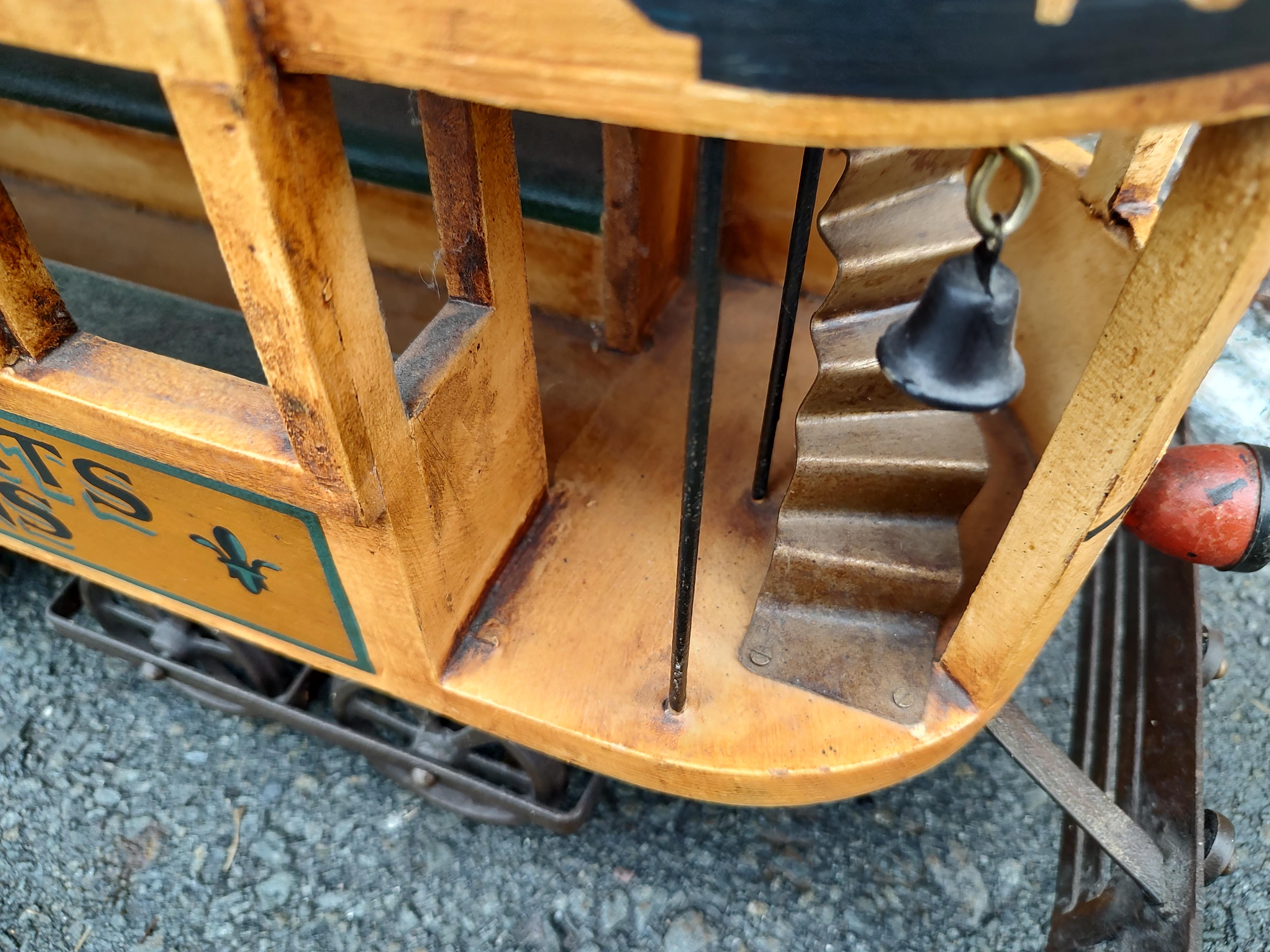 Hand-Crafted Folk Art Hand Painted Wood & Iron New Orleans Trolley Car For Sale