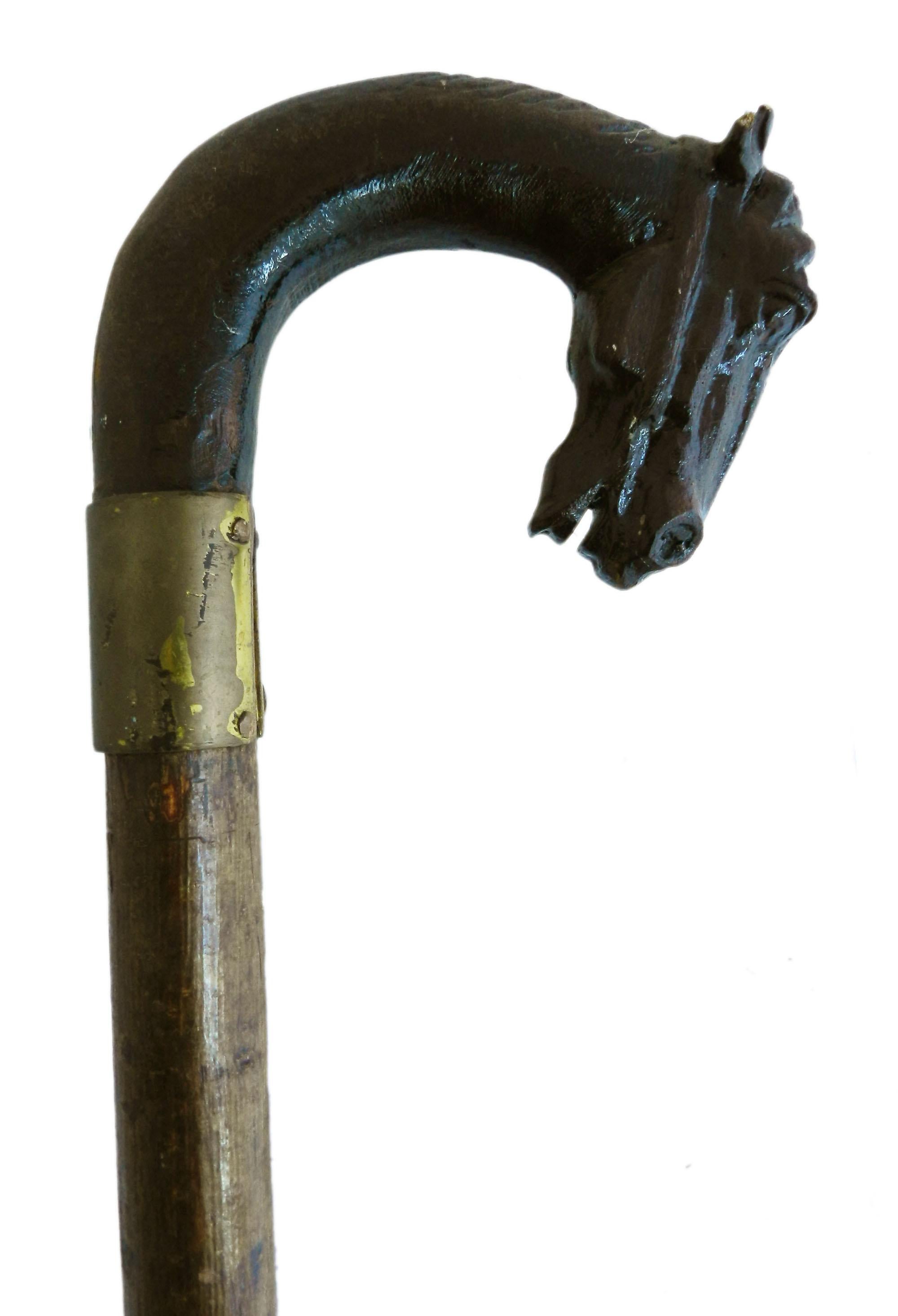 Folk Art Horse Head Walking Stick English Midcentury In Good Condition For Sale In Mimizan, FR