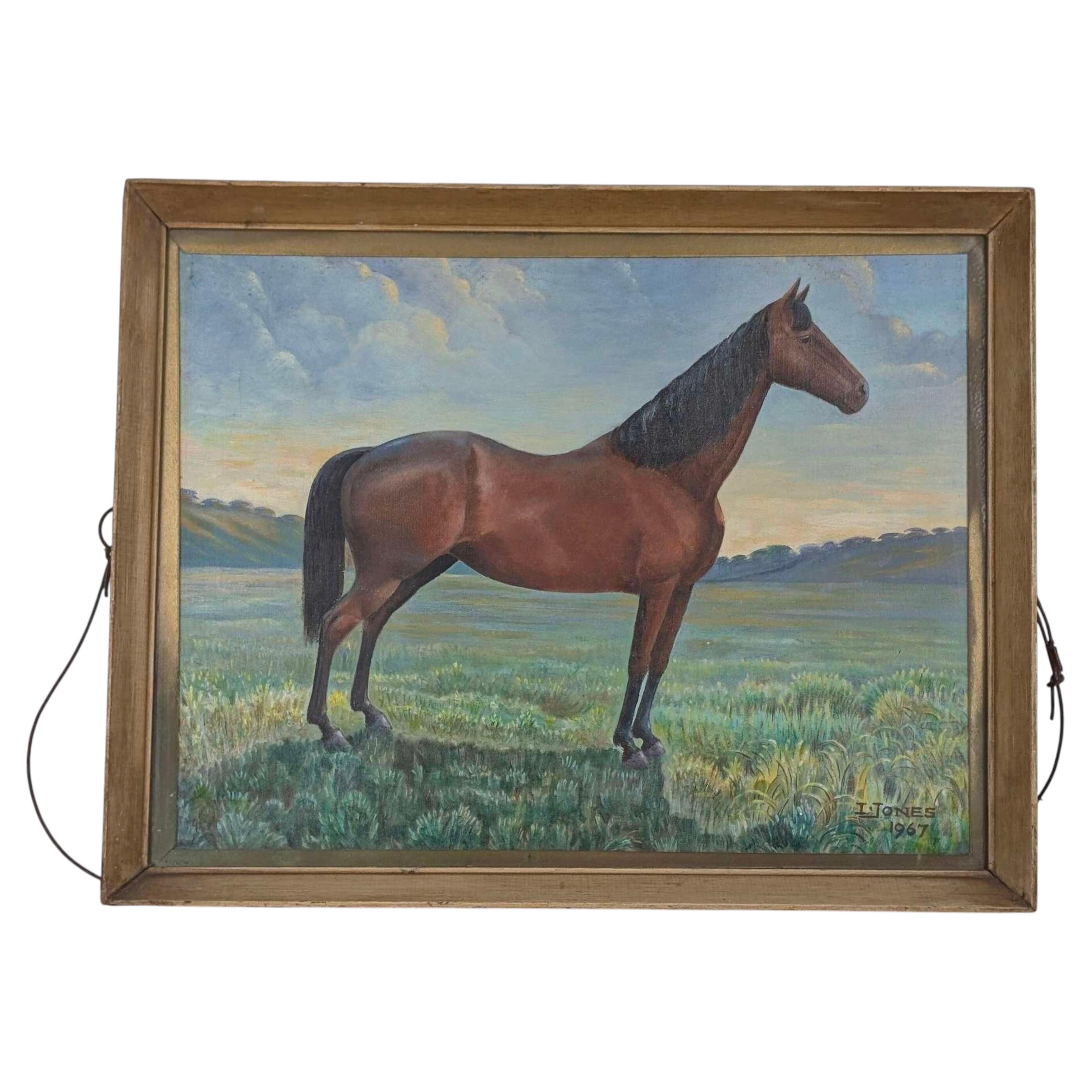 Folk Art Horse Portrait, Oil on Board, Signed Mid Century